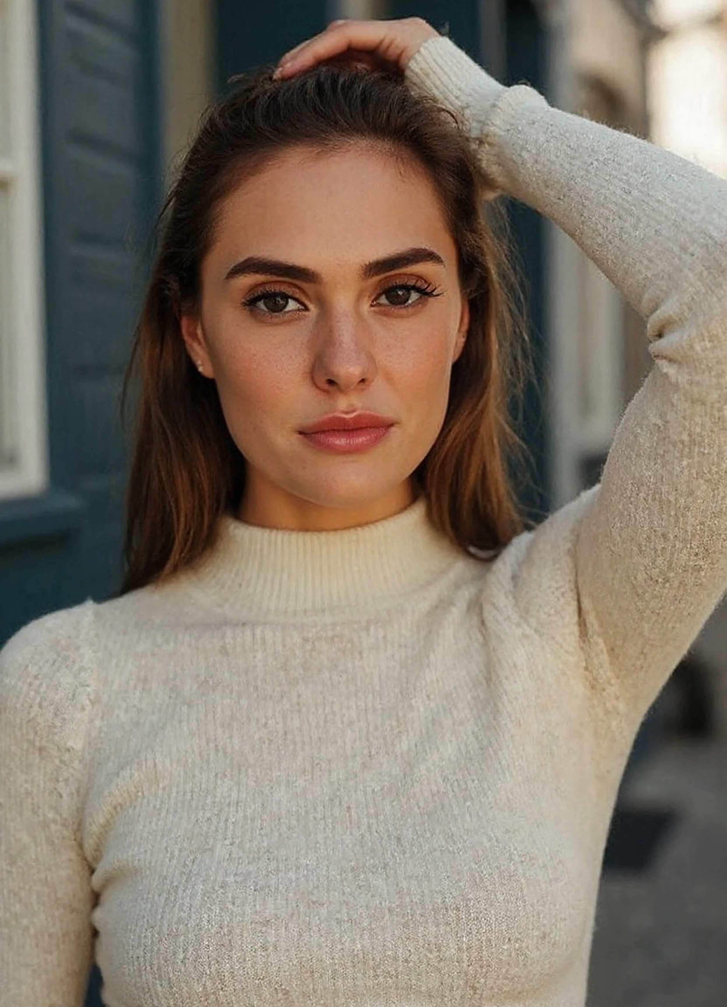 a beautiful woman, form fitting sweater outfit create a dynamic interplay with the environment, emphasizing her sleek presence. The background allows the viewer to focus on eye-catching fashion, Captured with a Sony A7R IV camera and a 50mm f/1.2 G Master lens for a beautiful editorial shoot, this composition highlights a fashion-forward aesthetic. Inspired by avant-garde fashion photography from Sølve Sundsbø, this image blends contemporary fashion and elegance, high-fashion vision, evoking a sense of glamorous nostalgia. The camera angle is from a low angle, paired with a medium format film camera to enhance the intimate and timeless quality. In the style of Sally Mann.