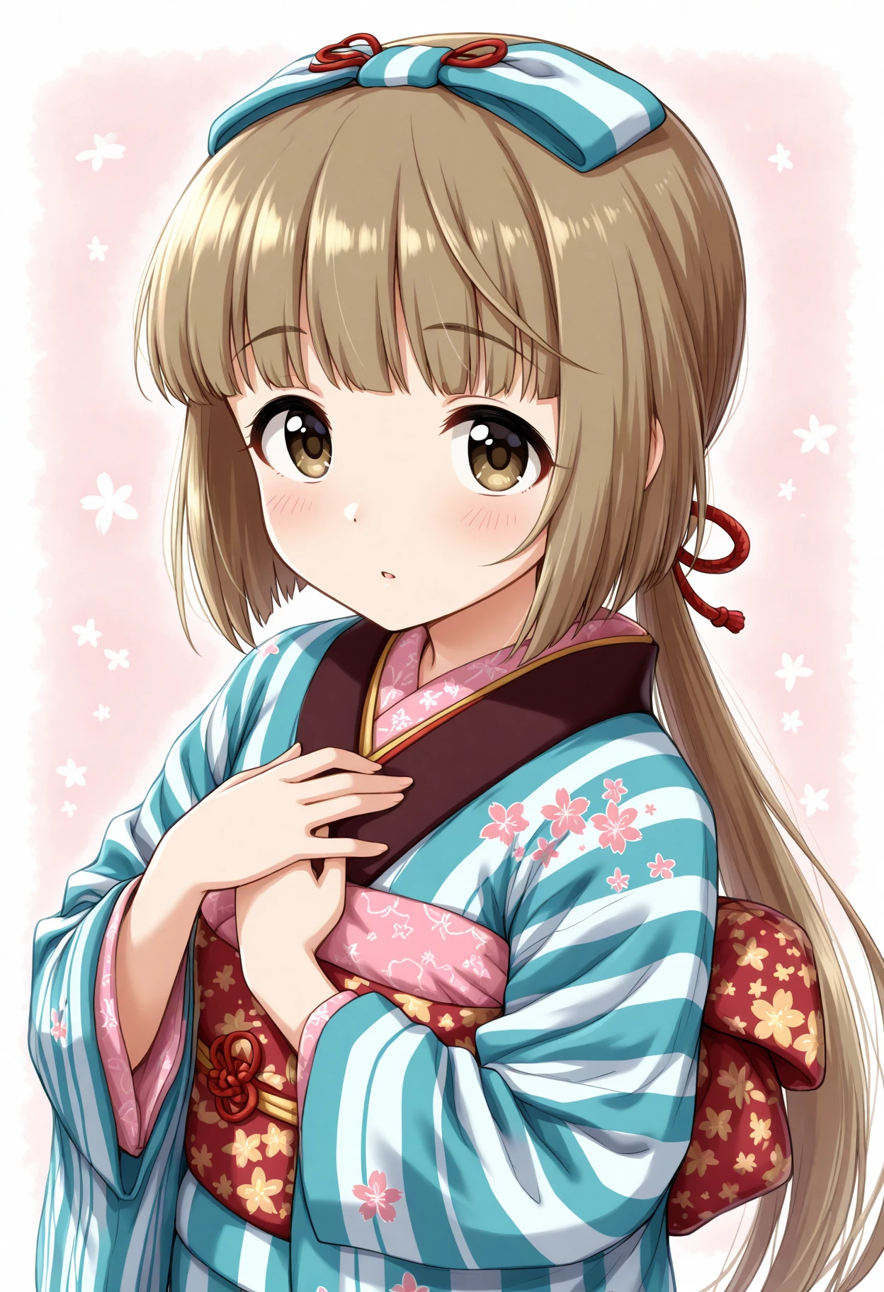 masterpiece, best quality, amazing quality, 1girl, solo, makeup, perspective, general, looking at viewer, dynamic angle, upper body, hand on own chest, <lora:Yorita_Yoshino_Cinderella:1>, Yorita_Yoshino_Cinderella, long hair, brown hair, very long hair, brown eyes, blunt bangs, hair ribbon, low ponytail, japanese clothes, wide sleeves, blue kimono, striped clothes, sash, obi, floral print, obi, vertical-striped clothes, striped bow, print kimono, striped kimono, vertical-striped kimono, floral background, <lora:wai-Rectified-s:1>, <lora:prompt_extend:1>