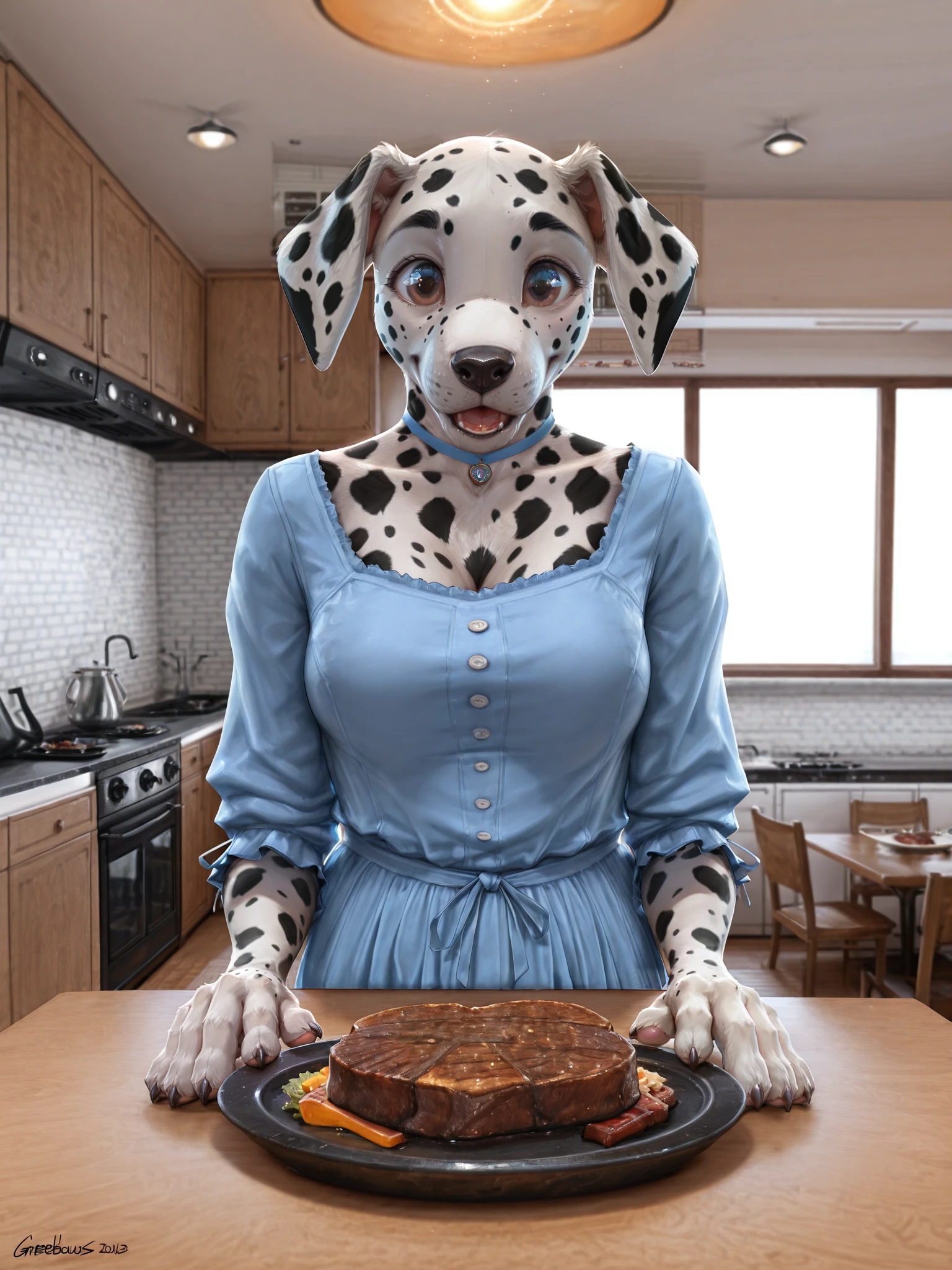 (canine, dalmatian), anthro, (rim lighting, photorealism, photo background, realistic, dynamic lighting, fine detail, gorgeous, depth of field), claws,
rim lighting, subsurface scattering, solo,
wife, waifu, clothed, casual outfit, indoor, kitchen, dinner table, steak, cooked food, happy, presenting food,
<lora:FurryPhotoBackground:0.5>