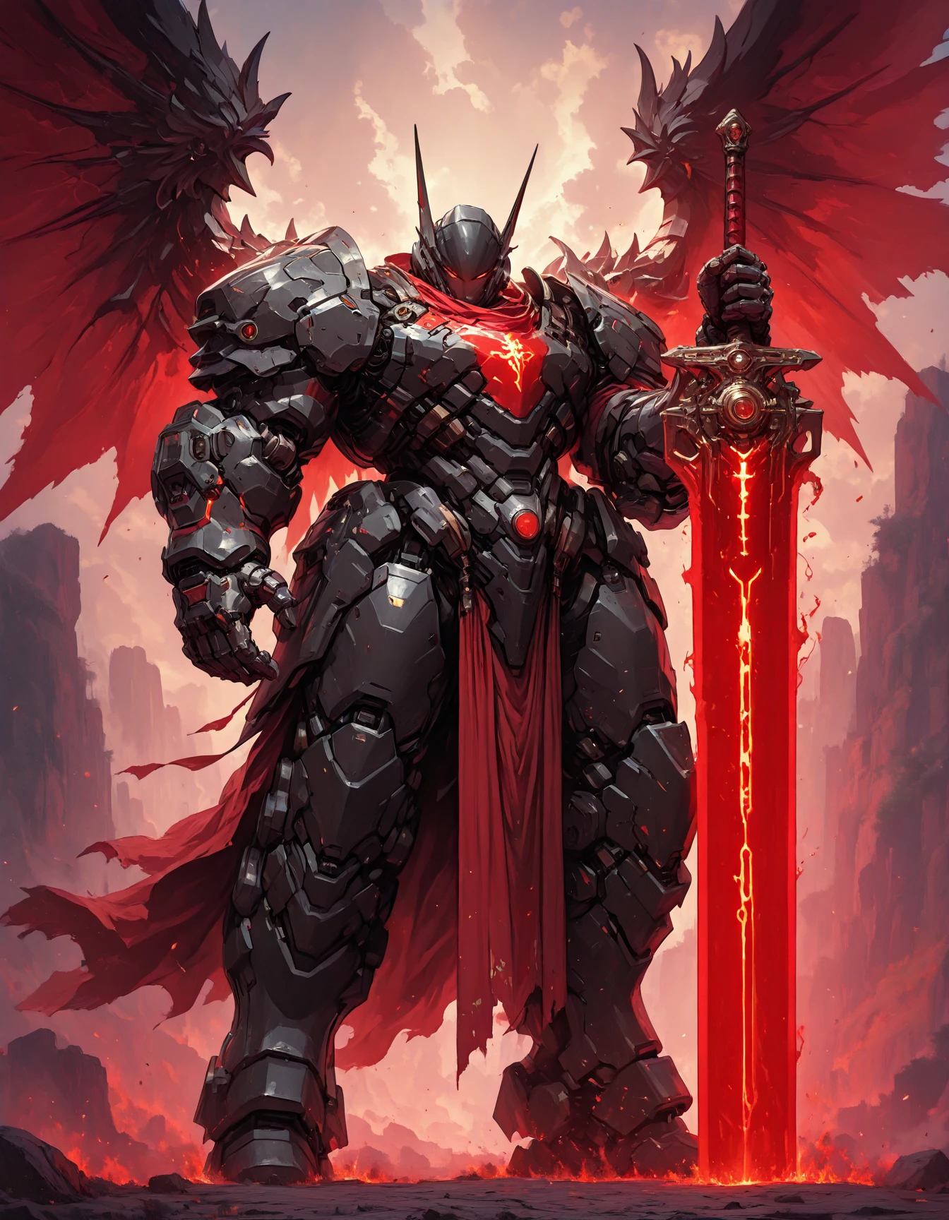 masterpiece, best quality, amazing quality, very aesthetic, high resolution, absurdres, newest, photorealism, realistic,,dynamic close up angle, 1girl, black hair, red eyes, black mecha armor with red details, red mecha wings, holding red sword, red glowing sword, spacestation in background, glowing, otherworldly glow<lora:HKStyleILV2:0.85> hkstyle <lora:MechaKnightsIL:0.85> hkmecha