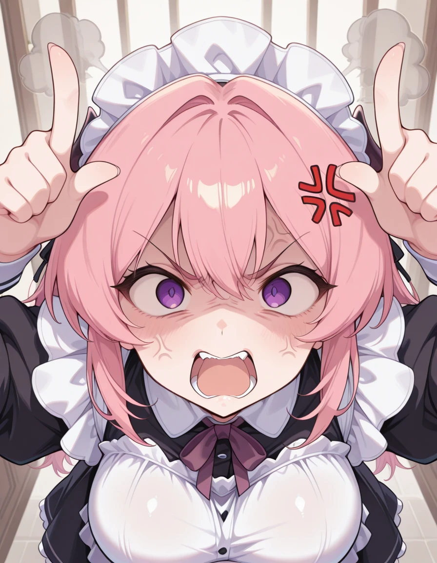 masterpiece, best quality, amazing quality,, <lora:CivChan:1>, CivChan, purple eyes, pink hair, mature female, breasts, maid headdress, , <lora:horns-pose-illustriousxl-lora-nochekaiser:1>, horns pose, index fingers raised, angry, steam, open mouth, shouting, anger vein, cowboy shot, hands up,, , ,