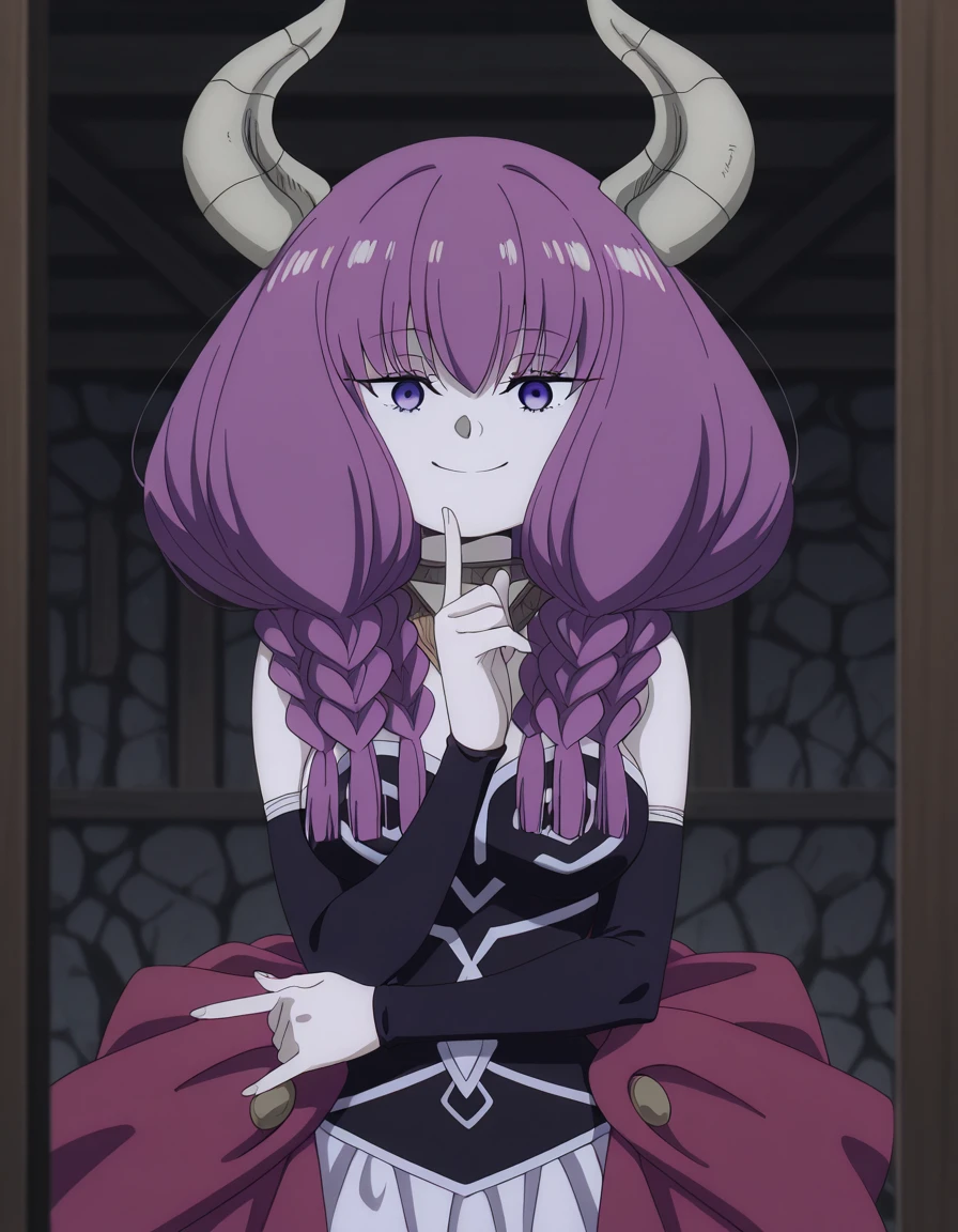masterpiece, best quality, amazing quality,, <lora:aura-the-guillotine-s1-illustriousxl-lora-nochekaiser:1>, aura the guillotine, aura (sousou no frieren), long hair, purple eyes, purple hair, braid, horns, twin braids, mature female, medium breasts, anime screencap, <lora:kakyoin-noriakis-pose-illustriousxl-lora-nochekaiser:1>, kakyoin noriakis pose, kakyoin noriaki's pose (jojo), jojo pose, m/, pointing up, hands up, looking at viewer, smile, cowboy shot, , ,