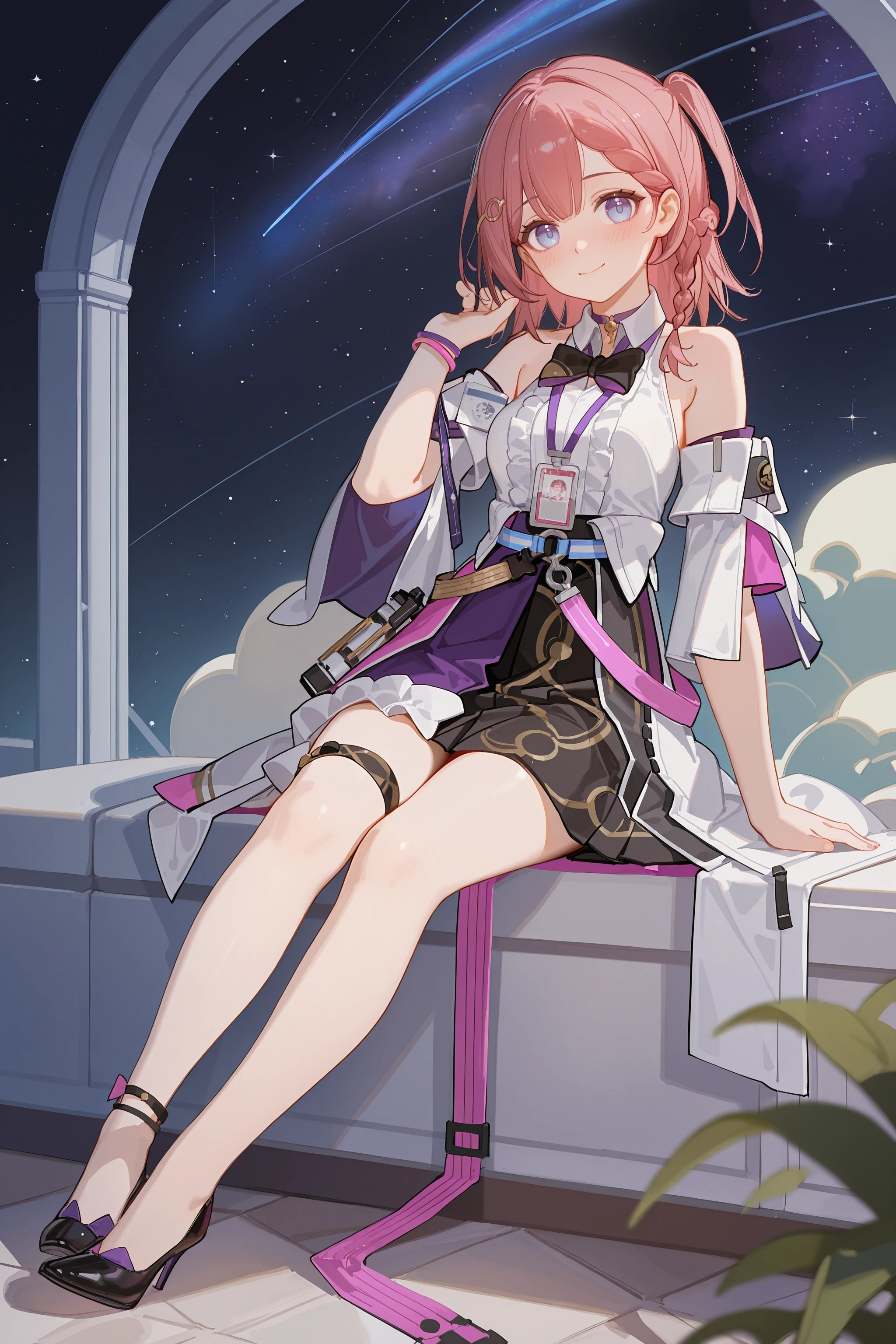 1girl, asta \(honkai: star rail\), detached sleeves, sleeveless shirt, id card, high heels, high-waist skirt, overskirt, anklet, thigh strap, bracelet, hairpin, belt, bowtie, choker, looking at viewer, starry sky, shooting star, light smile, blush, embarrassed, full body, reclining <lora:Char-HonkaiSR-Asta-V3-IL:0.9:hr=0.6>, ciloranko, alphonse \(white datura\), ask \(askzy\), gomzi, you shimizu
masterpiece, best quality, amazing quality, very aesthetic, absurdres, newest, (scenery, volumetric lighting), ray tracing, (bloom:1.4), cinematic