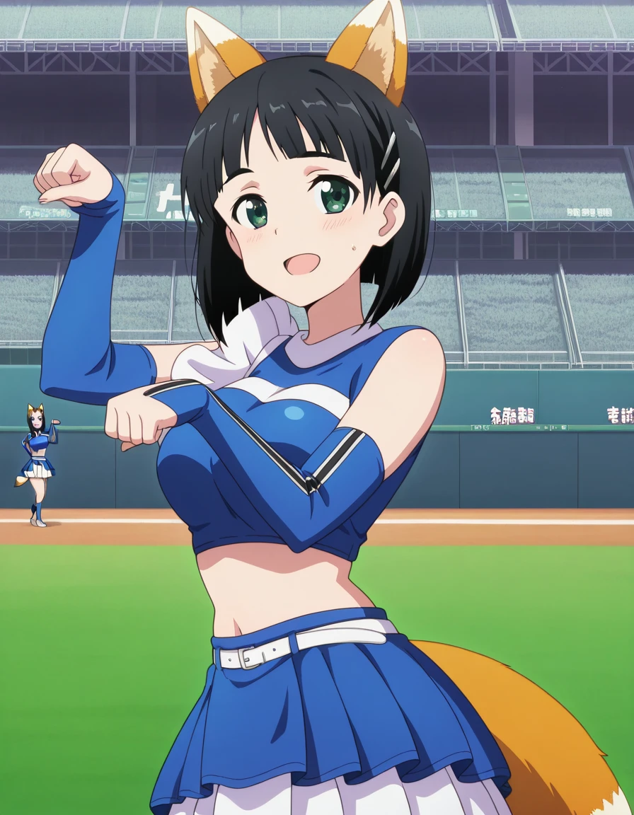 masterpiece, best quality, amazing quality,, <lora:suguha-kirigaya-s1-illustriousxl-lora-nochekaiser:1>, suguha kirigaya, short hair, black hair, hair ornament, hairclip, green eyes, mature female, breasts, anime screencap, <lora:kitsune-dance-illustriousxl-lora-nochekaiser:1>, kitsune dance, cheerleader, layered skirt, paw pose, fox ears, white belt, fox tail, baseball stadium, blue shirt, blue skirt, crop top, sleeveless shirt, midriff, , ,