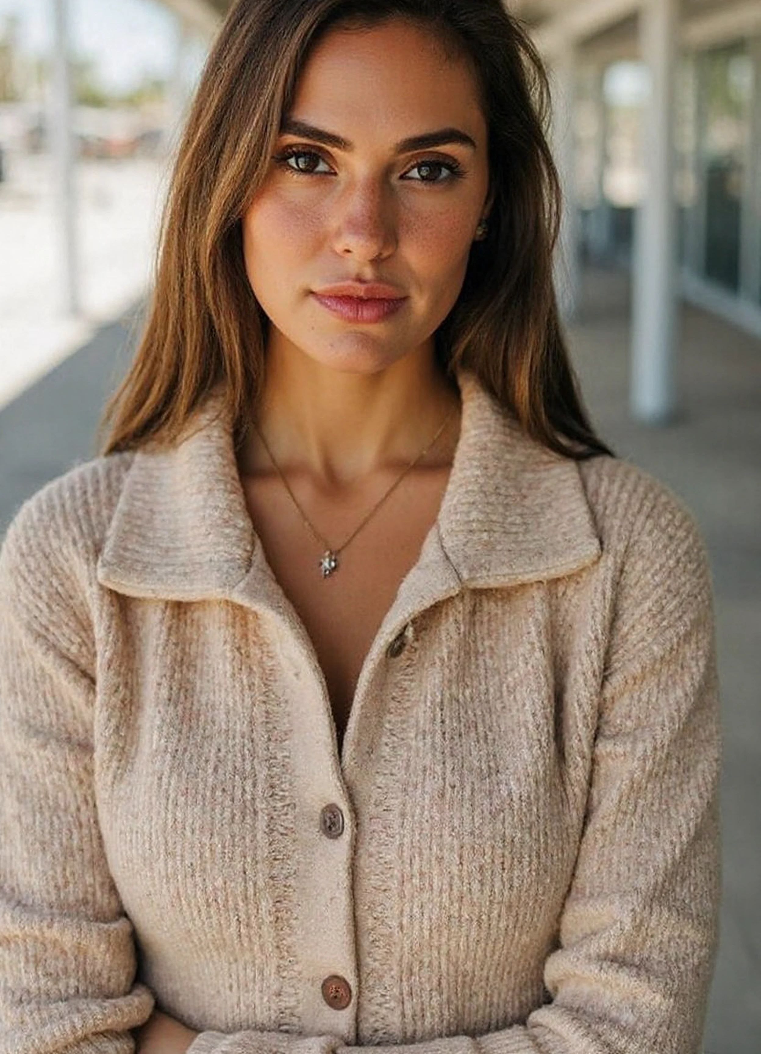 a beautiful woman, form fitting sweater outfit create a dynamic interplay with the environment, emphasizing her sleek presence. The background allows the viewer to focus on eye-catching fashion, Captured with a Sony A7R IV camera and a 50mm f/1.2 G Master lens for a beautiful editorial shoot, this composition highlights a fashion-forward aesthetic. Inspired by avant-garde fashion photography from Sølve Sundsbø, this image blends contemporary fashion and elegance, high-fashion vision, evoking a sense of glamorous nostalgia. The camera angle is from a low angle, paired with a medium format film camera to enhance the intimate and timeless quality. In the style of Sally Mann.