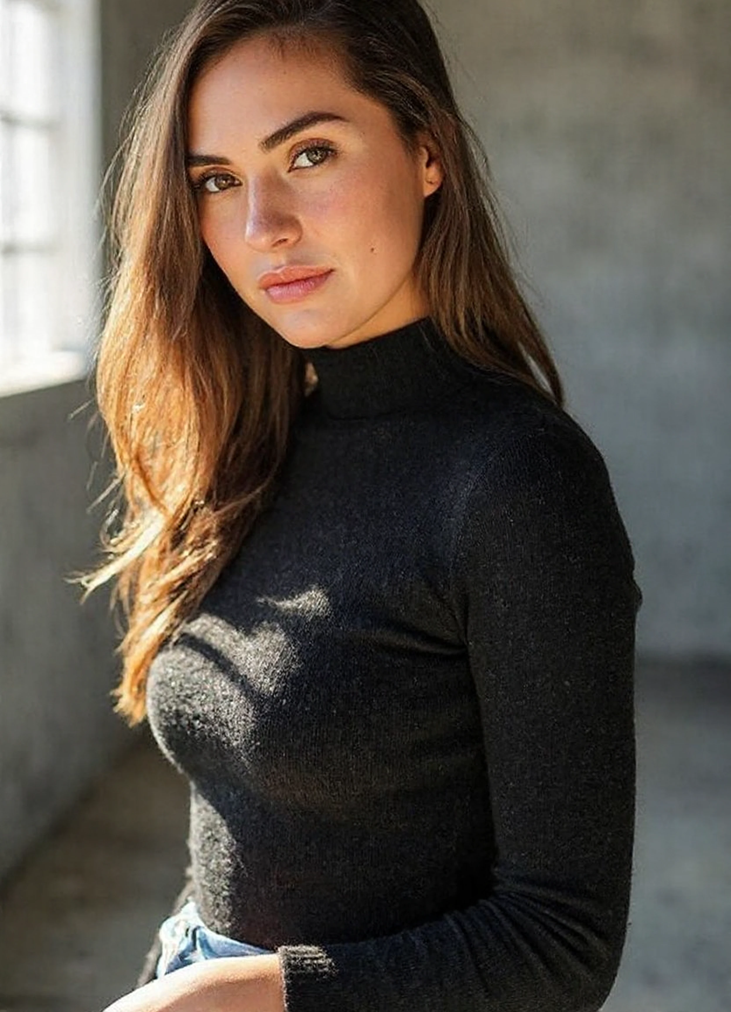 a beautiful woman, form fitting sweater outfit create a dynamic interplay with the environment, emphasizing her sleek presence. The background allows the viewer to focus on eye-catching fashion, Captured with a Sony A7R IV camera and a 50mm f/1.2 G Master lens for a beautiful editorial shoot, this composition highlights a fashion-forward aesthetic. Inspired by avant-garde fashion photography from Sølve Sundsbø, this image blends contemporary fashion and elegance, high-fashion vision, evoking a sense of glamorous nostalgia. The camera angle is from a low angle, paired with a medium format film camera to enhance the intimate and timeless quality. In the style of Sally Mann.