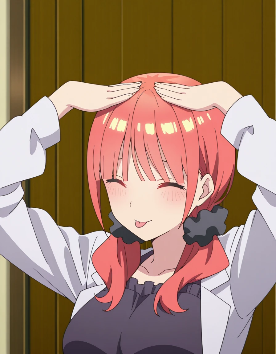 masterpiece, best quality, amazing quality,, <lora:nino-nakano-honeymoon-illustriousxl-lora-nochekaiser:1>, nino nakano, bangs, blue eyes, hair ornament, twintails, pink hair, blunt bangs, medium hair, scrunchie, eyebrows hidden by hair, black scrunchie, mature female, breasts, anime screencap, <lora:ah-eto-bleh-illustriousxl-lora-nochekaiser:1>, ah eto bleh, ah eto... bleh (meme), hands on own head, meme, arms on head, tongue out, closed eyes,, , ,