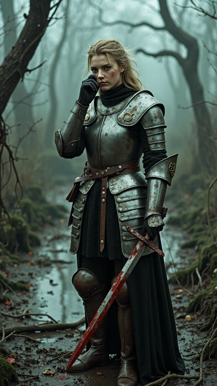 The scene is set at the edge of a gloomy and dangerous damp swamp, with a muddy ground scattered with rotten branches and puddles, surrounded by twisted dead trees and drooping vines, the air filled with a heavy humidity and stench of decay, with a faint mist rising from the depths of the swamp in the distance, creating an oppressive and unsettling atmosphere. The overall scene conveys a sense of tension and solemnity after the confrontation between the knight and the monster.
The shooting angle is chosen from a front or slightly side mid-range perspective, with the camera height aligned with the waist of the female model, focusing on the standing female model dressed in knight armor, one hand holding a sword vigilantly and the other wiping away blood on her face. This clearly presents her posture, expression, and the details of the armor. The swamp environment in the background is appropriately blurred, forming a sense of hierarchy that highlights the female model as the core of the picture. The light mainly comes from the faint natural light transmitted through the gloomy sky above the swamp, and possibly from weak firelight or the halo left by magic around her, presenting a cold and low-saturation effect. The light descends from above or the side, outlining the metallic texture of the armor, the cold light of the sword blade, and the traces of blood on the face. Shadows fall in the recesses of the armor and the swamp ground, adding a three-dimensional feel and a tense atmosphere. The overall composition places the female model in the center of the image, with her body in a vigilant stance after a battle. A small amount of swamp background and scattered monster remains or battle marks are left around to showcase the environmental atmosphere. The color tones are mainly the dark green of the swamp, the cool gray of the armor, and the dark red of the bloodstains, forming a cold and battle-filled visual effect.
The female model is wearing heavy knight armor, with the surface of the armor full of scratches and dirt left from battles. Family crests or runes may be carved on the shoulder and chest armor. A broken belt is tied around the waist, with a scabbard or small pouch hanging, and the leg guards are covered with the swamp's mud and water. The overall look exudes a rugged and resilient aura of real combat. Her hair may be messy from sweat and dirt, with a few strands of disheveled hair (colors can be set as blonde, brown, etc.) showing from under the helmet, which might be taken off and placed aside or worn on her head, revealing part of her face. Her face is firm and cold, with dirt and bloodstains on her skin. She holds a sword pointing forward with one hand, possibly with monster blood on the blade, and uses the other hand to wipe away blood from her face, performing the action roughly and decisively, her gaze sharp and vigilant, with tightly pressed lips revealing exhaustion and persistence after battle. Her posture is full of strength, with the body's center of gravity slightly leaning forward and legs apart, showing a state of vigilance ready for another battle at any moment. Close-ups may focus on her hand wiping blood, the bloodstains on the sword blade, or the resilience in her eyes. The backdrop of the swamp's dead trees and mist further highlights a sense of danger and isolation. Her posture and expression are compelling, attracting the viewer’s attention to the heroic aura and fighting spirit of the female model, evoking feelings of tension and admiration, as if they are also situated on the perilous edge of the swamp, witnessing the knight's epic moment of confronting the monster, immersed in this striking scene full of courage and confrontation.