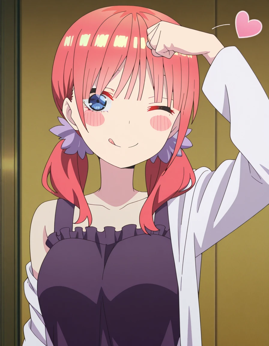masterpiece, best quality, amazing quality,, <lora:nino-nakano-honeymoon-illustriousxl-lora-nochekaiser:1>, nino nakano, short hair, bangs, blue eyes, twintails, pink hair, blunt bangs, medium hair, eyebrows hidden by hair, mature female, breasts, anime screencap, <lora:dojikko-pose-illustriousxl-lora-nochekaiser:1>, dojikko pose, blush, heart, blush stickers, smile, tongue out, arm up, looking at viewer, one eye closed, , ,