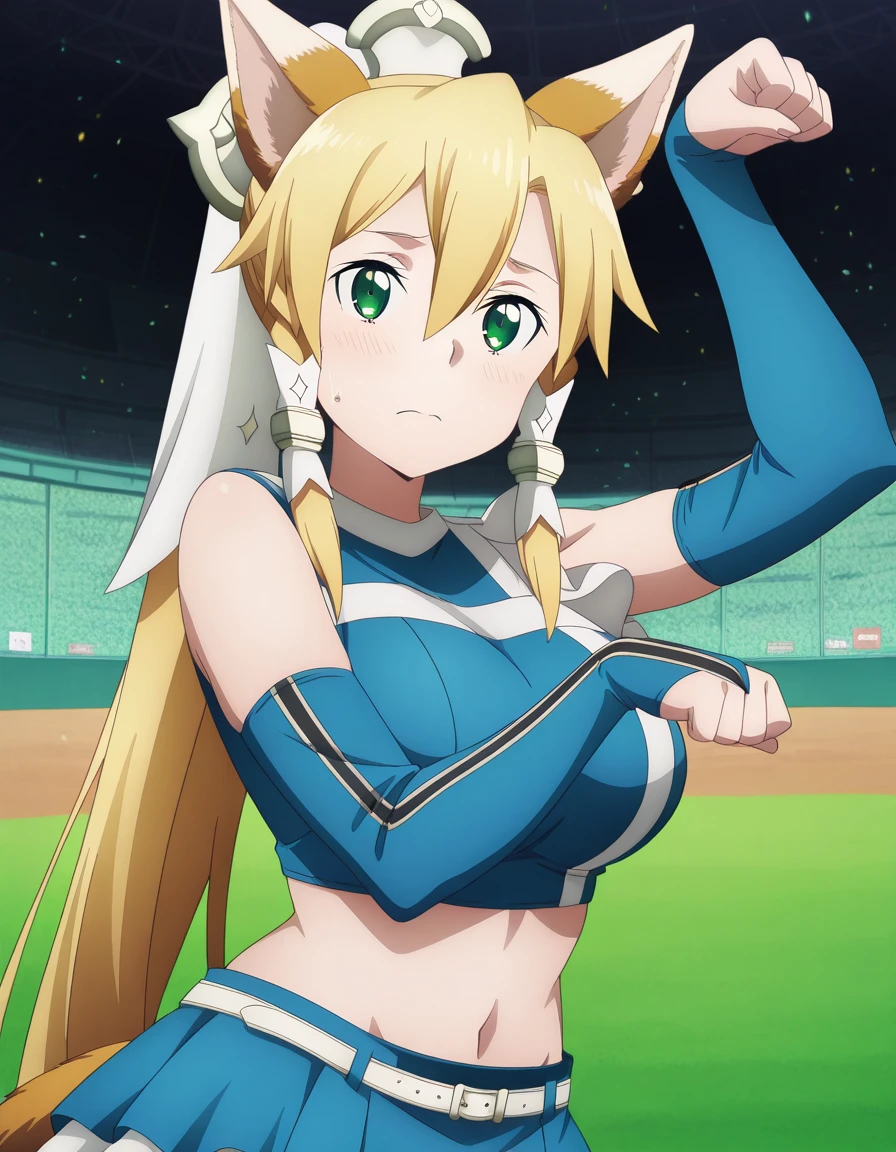 masterpiece, best quality, amazing quality,, <lora:suguha-kirigaya-s3-illustriousxl-lora-nochekaiser:1>, suguha kirigaya, leafa (sao), long hair, blonde hair, hair ornament, green eyes, ponytail, hair tubes, mature female, breasts, anime screencap, <lora:kitsune-dance-illustriousxl-lora-nochekaiser:1>, kitsune dance, cheerleader, layered skirt, paw pose, fox ears, white belt, fox tail, baseball stadium, blue shirt, blue skirt, crop top, sleeveless shirt, midriff, , ,