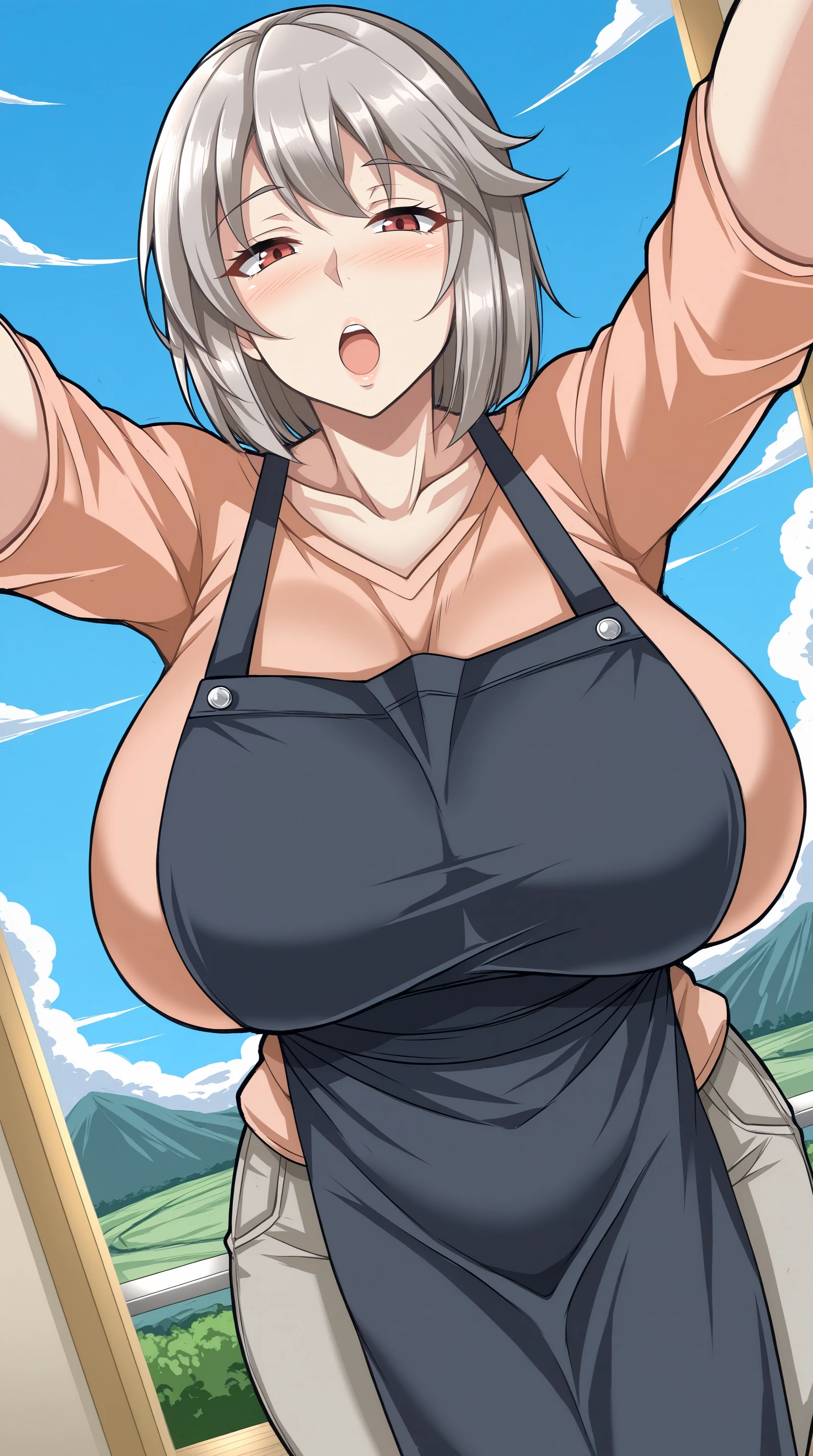 Ultra-high resolution, 8k,high quality,(((low length,、Young Girl、Mountain climbing,Yama Girl,Miniskirt,Short sleeve))),(Retrospective angle,Cunning Hand),(、glowing、iridescent light,soft shadow,Anime Painting,thin line drawing),One Little Woman,(((gigantic breasts,Shapely breasts、Round Breasts))),