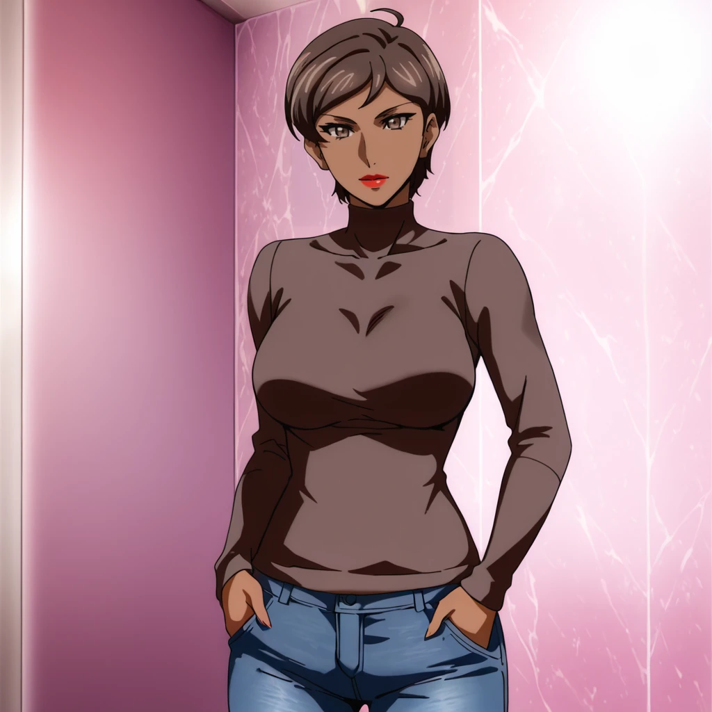 <lora:Catwomanhunted_illustrious_v1:1>SelinaKyleHuntedTowel, 1girl, solo, short hair, dark skin, dark-skinned female, large breasts, brown hair, lipstick, brown eyes, makeup, cowboy shot, sweater, jeans
