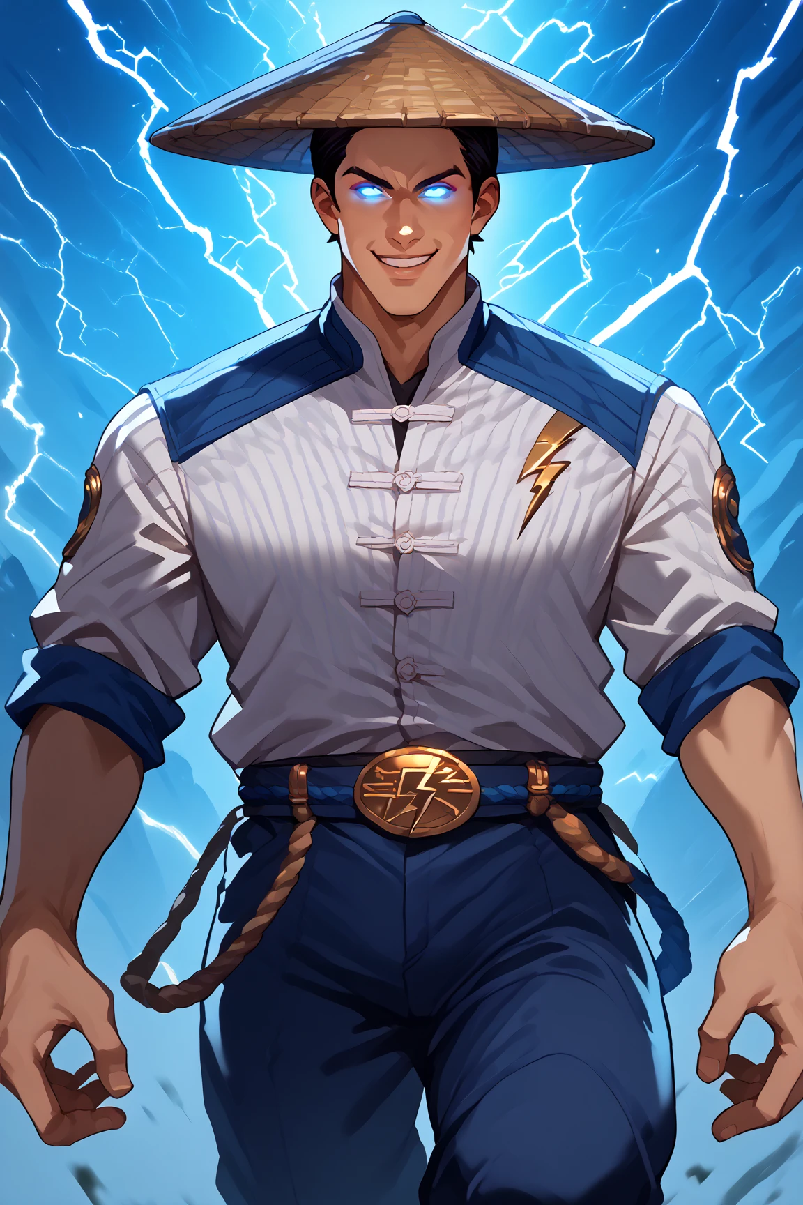 score_9, score_8_up, score_7_up, score_6_up, source_anime, solo, 1boy, raidenmk1, blue eyes, glowing eyes, hat, black hair, black eyes, flying, shirt, belt, pants, smile, lightning, <lora:Raiden-10:1>