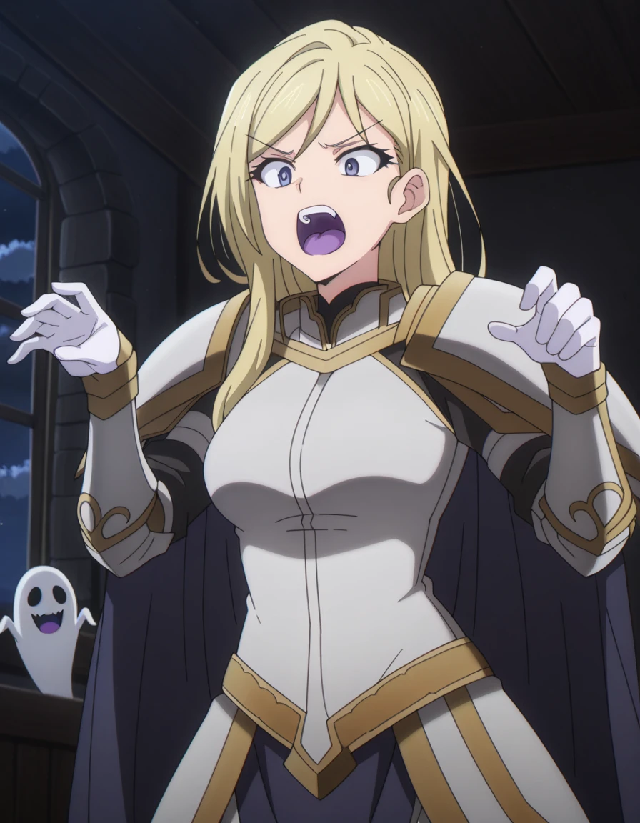 masterpiece, best quality, amazing quality,, <lora:female-knight-s2-illustriousxl-lora-nochekaiser:1>, female knight, long hair, blue eyes, blonde hair, mature female, medium breasts, anime screencap, <lora:ghost-pose-illustriousxl-lora-nochekaiser:1>, ghost pose, ghost, purple tongue, open mouth, tongue, hands up, indoors, night, night sky, dark, horror (theme), cloud, dark cloud, dim lighting, dark room, backlighting, cowboy shot, , ,