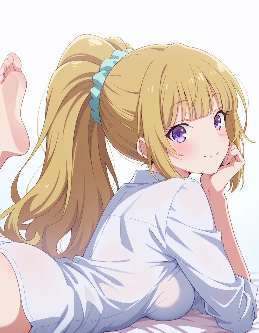 masterpiece, best quality, amazing quality,, <lora:kei-karuizawa-s2-v1-illustriousxl-lora-nochekaiser:1>, kei karuizawa, long hair, bangs, blunt bangs, purple eyes, blonde hair, shirt, hair ornament, ponytail, scrunchie, blue scrunchie, medium breasts,, <lora:the-pose-illustriousxl-lora-nochekaiser:1>, the pose, on stomach, feet up, lying, soles, feet, legs up, head rest, barefoot, ass, from behind, looking back, looking at viewer, smile, blush,, , ,
