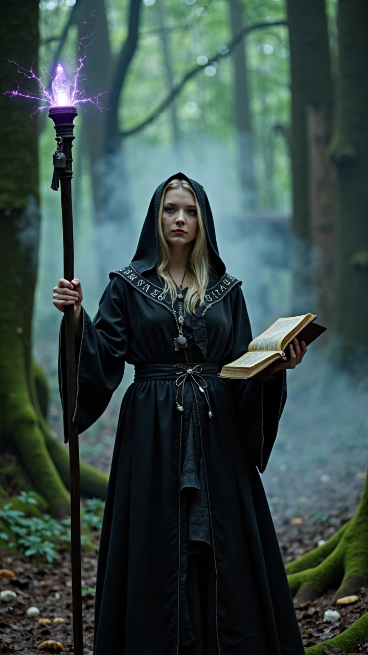The scene is set deep in a dark and mysterious forest, with a backdrop of tall ancient trees covered in moss and vines, the ground scattered with fallen leaves and strange mushrooms, the air filled with moisture and a faint mist, with the subtle sounds of wind and birdsong creating an eerie and supernatural atmosphere, portraying the tension and sacredness of a wizard conducting a mysterious ritual.
The shooting angle is chosen with a slightly upward view, with the camera height corresponding to the knee or waist position of the female model, focusing on the scene of the blonde female model wearing a black wizard robe holding a staff and a rune book while performing a ritual, clearly presenting her posture, expression, and the details of the props. The dense forest and mist in the background are appropriately blurred to create a sense of depth, highlighting the witch as the focal point of the image. The light mainly comes from the faint natural light filtering through the canopy and the mysterious glow around her (possibly the effect of a spell or the aura emitted by the rune book), presenting a strong contrast between light and dark. The light pours from above, outlining the folds of the robe, the texture of the staff, and the details of the rune book, with the glow reflecting on her face, showcasing an extraordinary aura. Shadows and mist-covered areas add to the mystery and oppressive feeling. The overall composition places the witch at the center of the image, with her body in a dynamic spell-casting posture, leaving a small amount of dense forest background and floating mist around, creating a bizarre and magical visual effect. The color tones are mainly deep green of the forest and black of the robe, paired with faint purple or blue of the glow, forming a cold and mysterious atmosphere.
The female model is dressed in a black wizard robe, the robe is large and reaches the ankle, with slightly worn edges, the cuffs and neckline embroidered with silver or dark gold rune patterns, a belt with small bags and amulets tied around the waist, the overall look is full of dark magic aura. Her blonde hair falls from the hood of the robe, possibly slightly blown by the wind, adding a touch of movement. Her face is delicate and cold, skin pale, eyes focused and deep, lips slightly parted as if chanting a spell, revealing an air of transcendence and dignity. One hand is raised high holding a staff, the top of the staff inlaid with a glowing crystal or carved with complex runes, the other hand holding an open ancient rune book, the pages yellowed and emitting a faint glow, fingers gently pressed on the pages, movement elegant and full of strength. Her posture is full of dynamism, possibly slightly leaning forward or sideways, surrounded by faint magical glows or floating rune effects, showing the critical moment of casting a spell. Close-up shots may focus on her eyes, the crystal at the top of the staff, or the details of the rune book, with the shadows and mist in the background further enhancing the mystery and danger of the ritual. Her posture and expression are compelling, drawing the audience's gaze to the witch's mysterious aura and magical power, feeling a supernatural emotional resonance, as if they themselves are in this deep forest witnessing this magic-filled and unknown ritual, immersed in this eerie yet sacred moment.