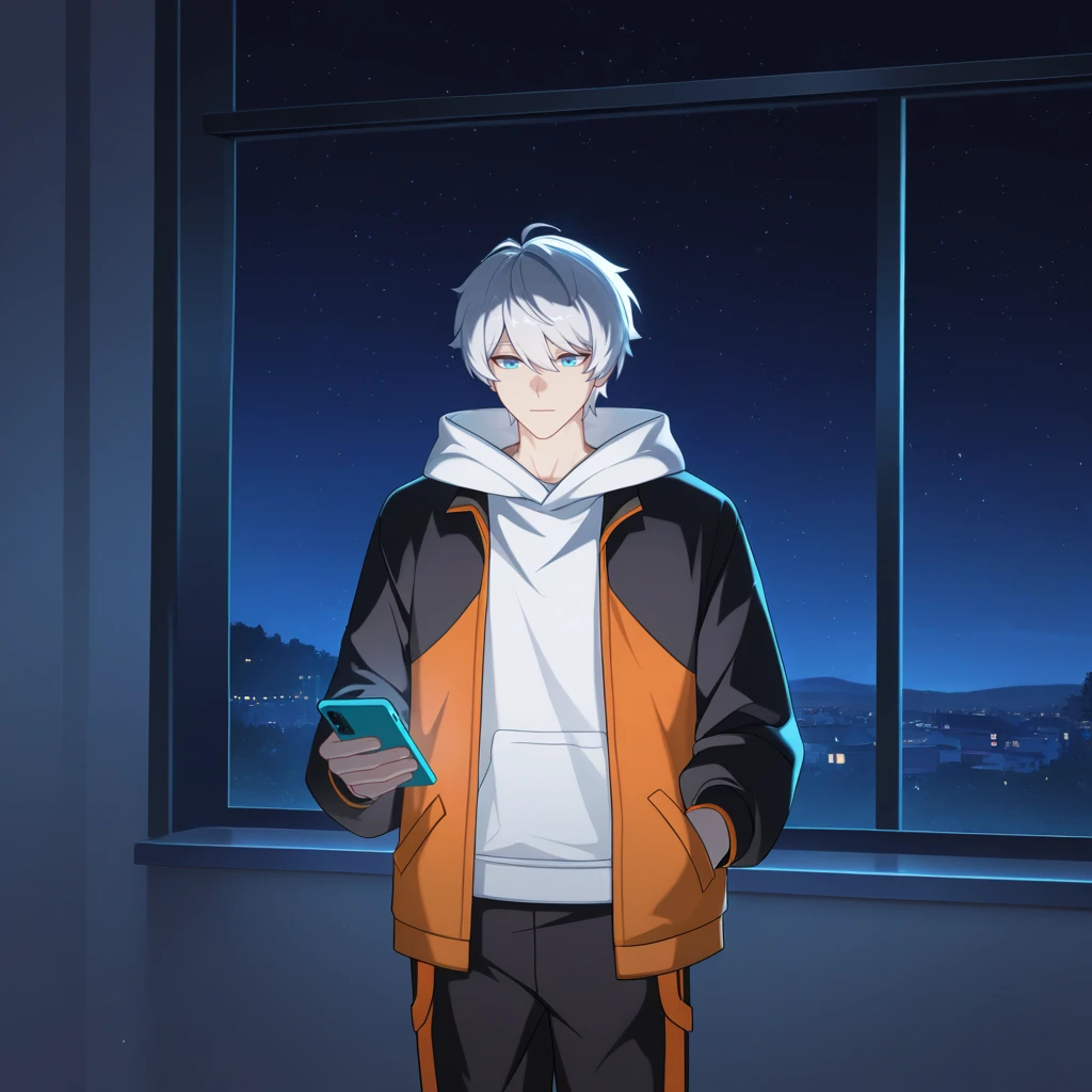 masterpiece, best quality, ultra-detailed, very aesthetic, detailed background, year 2023, very aesthetic, newest, scenery, highres, 4k, absurdres, 8k, colorful,vibrant, glowing, perfect face, 2d, perfect eyes, detailed eyes, 1boy, male focus, solo, bedroom, apartment, window, detailed background, night, night sky, night time, starry sky, standing, holding phone, looking at phone, hand in pocket, uninterested, angled shot, cowboy shot, short hair, white hair, blue eyes, KevinHi3, Kvn_Anm, orange trim, track pants, alt black pants, puffy sleeves, white hoodie, jacket over hoodie, hood down, track jacket, two-tone jacket, orange jacket, alt black jacket, alt open jacket, layered clothes,
masterpiece, best quality, ultra-detailed, very aesthetic, newest, scenery, absurdres, perfect anatomy, perfect legs, perfect face, perfect eyes, clear eyes, beautiful eyes, perfect feet,