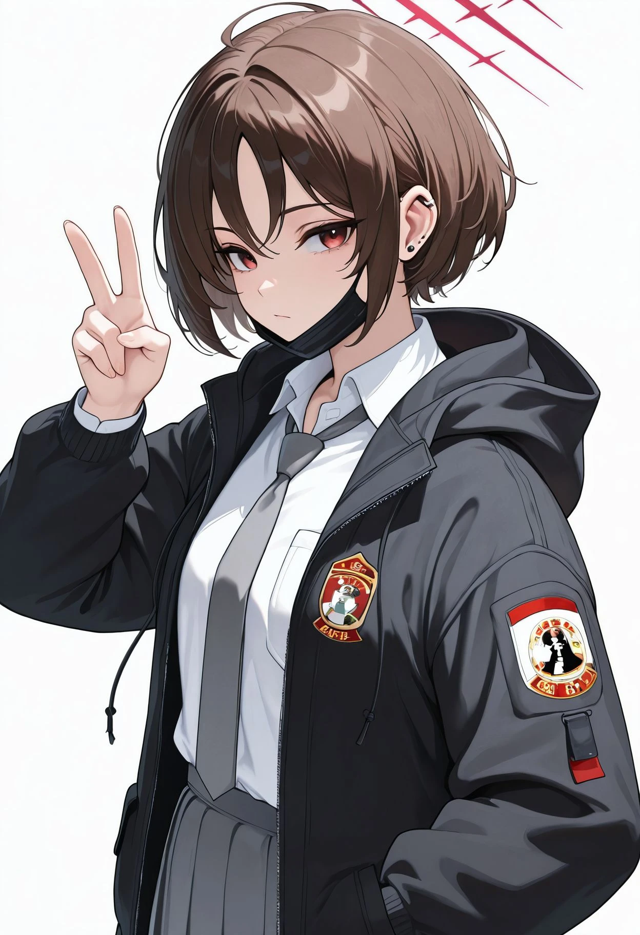 masterpiece, best quality, very aesthetic, <lora:Imashino_Misaki_Blue_Archive_ilxl_goofy:1> misakiBA, 1girl, brown hair, black jacket, black mask, closed mouth, collared shirt, ear piercing, grey necktie, grey skirt, halo, hand in pocket, hand up, hood, hood down, hooded jacket, indonesian flag, indonesian high school uniform, jacket, long sleeves, looking at viewer, mask pull, name tag, necktie, open clothes, open jacket, piercing, red eyes, school uniform, shirt, short hair, simple background, skirt, solo, upper body, v, white background, white shirt