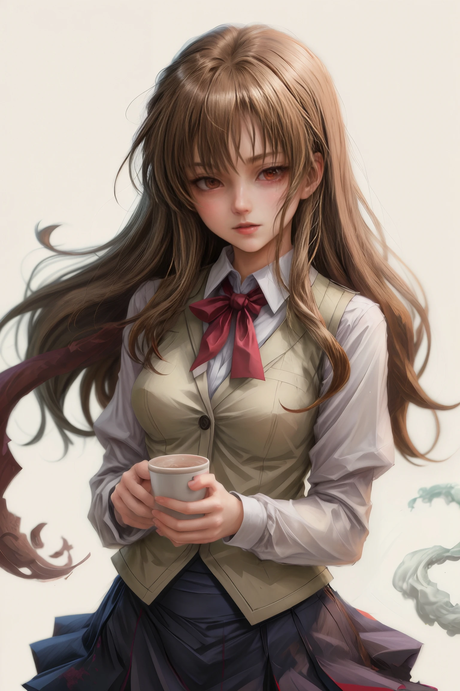 fujino_shizuru, an anime girl, 1girl, solo, long hair, looking at viewer, skirt, simple background, brown hair, red eyes, white background, school uniform, vest, cup