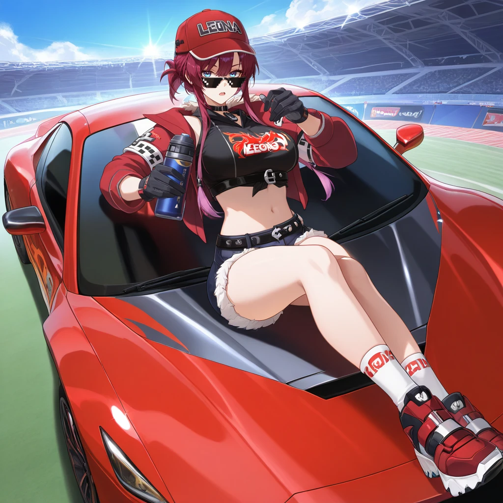 masterpiece, best quality, ultra-detailed, very aesthetic, detailed background, year 2023, very aesthetic, newest, scenery, highres, 4k, absurdres, 8k, colorful,vibrant, glowing, perfect face, 2d, perfect eyes, detailed eyes, 1girl, solo, stadium, outdoors, racing car, sports car, detailed background, day, sun, sky, clouds,  raised hand,                                                                                                                                     
sitting on sports car, crossed legs, elbow rest, looking at viewer, looking over eyewear, bored, uninterested, open mouth, from above, angled shot, full body, foreshortening,
short hair with long locks, red hair, purple hair, blue eyes, LeonaStrv, Lna_Gmr, red jacket, jacket, partially open jacket, red headwear, white socks, red footwear, sneakers, cap, sunglasses, pendant choker, black shirt, crop top, sleeveless shirt, black belt, underbust, midriff, navel, puffy sleeves, red sleeves, fire print, black ribbon, fur-trimmed shorts, denim shorts, dark blue shorts, thigh belt, white armband, red sleeve cuffs, black gloves, gloves,
  masterpiece, best quality, ultra-detailed, very aesthetic, newest, scenery, absurdres, perfect anatomy, perfect legs, perfect face, perfect eyes, clear eyes, beautiful eyes, perfect feet,