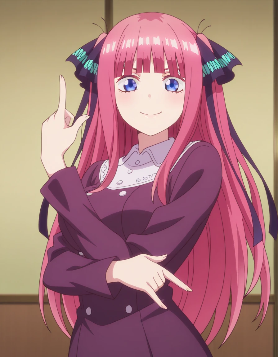 masterpiece, best quality, amazing quality,, <lora:nino-nakano-s1-illustriousxl-lora-nochekaiser:1>, nino nakano, nakano nino, long hair, bangs, blue eyes, hair ornament, hair ribbon, pink hair, blunt bangs, two side up, butterfly hair ornament, mature female, breasts, anime screencap, <lora:kakyoin-noriakis-pose-illustriousxl-lora-nochekaiser:1>, kakyoin noriakis pose, kakyoin noriaki's pose (jojo), jojo pose, m/, pointing up, hands up, looking at viewer, smile, cowboy shot, , ,