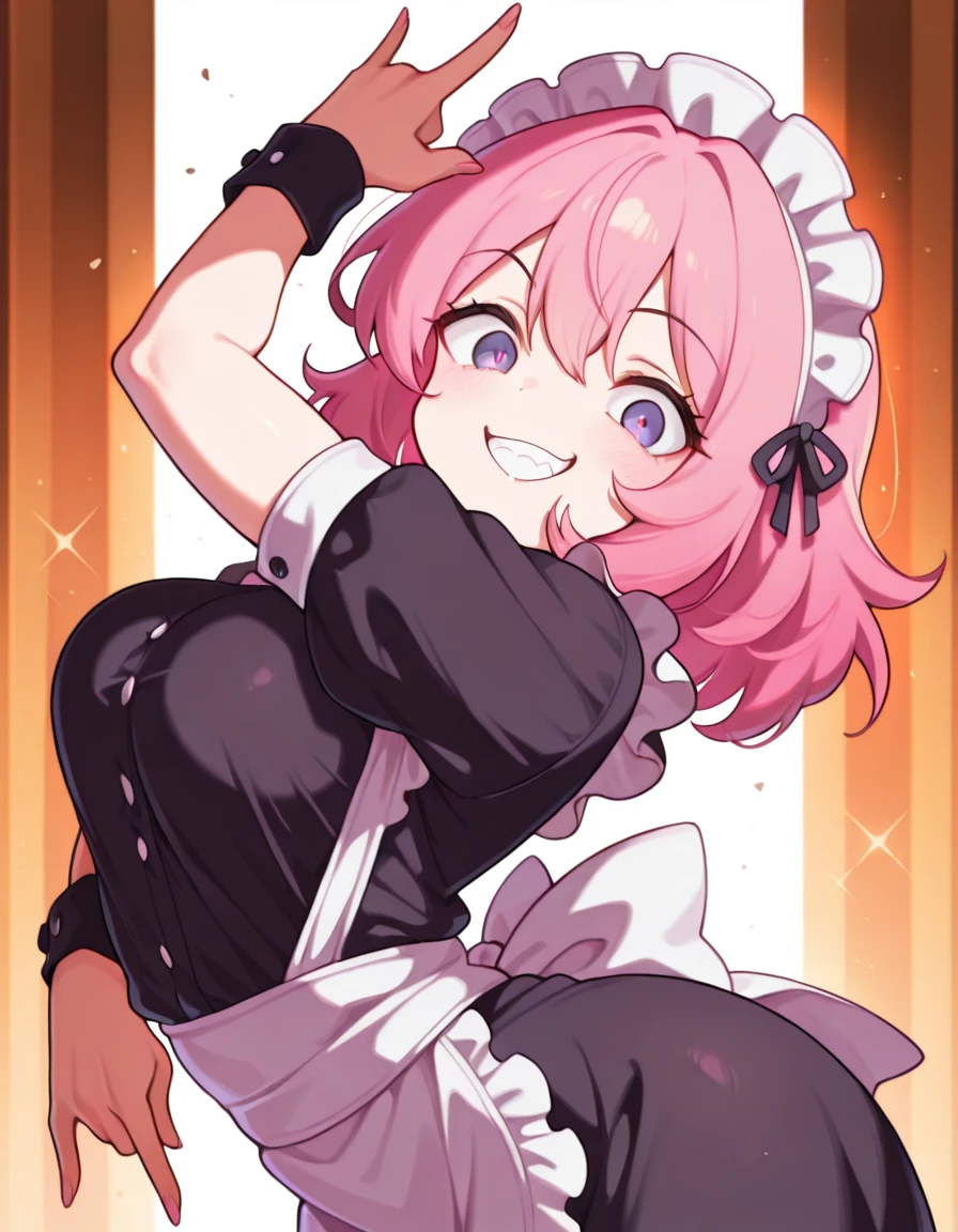 masterpiece, best quality, amazing quality,, <lora:CivChan:1>, CivChan, purple eyes, pink hair, mature female, breasts, maid headdress, , <lora:killer-queens-pose-illustriousxl-lora-nochekaiser:1>, killer queens pose, killer queens's pose (jojo), jojo pose, arm up, hand up, \n/, double \n/, arm down, hand down, grin, arched back, bent over, cowboy shot, , ,