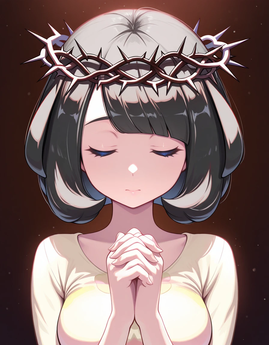 masterpiece, best quality, amazing quality,, <lora:pokemon-selene-illustriousxl-lora-nochekaiser:1>, selene, selene (pokemon), black hair, blue eyes, short hair, bangs, blunt bangs, mature female, medium breasts,, <lora:crown-of-thorns-illustriousxl-lora-nochekaiser:1>, crown of thorns, portrait, closed eyes, own hands together, own hands clasped, praying,,