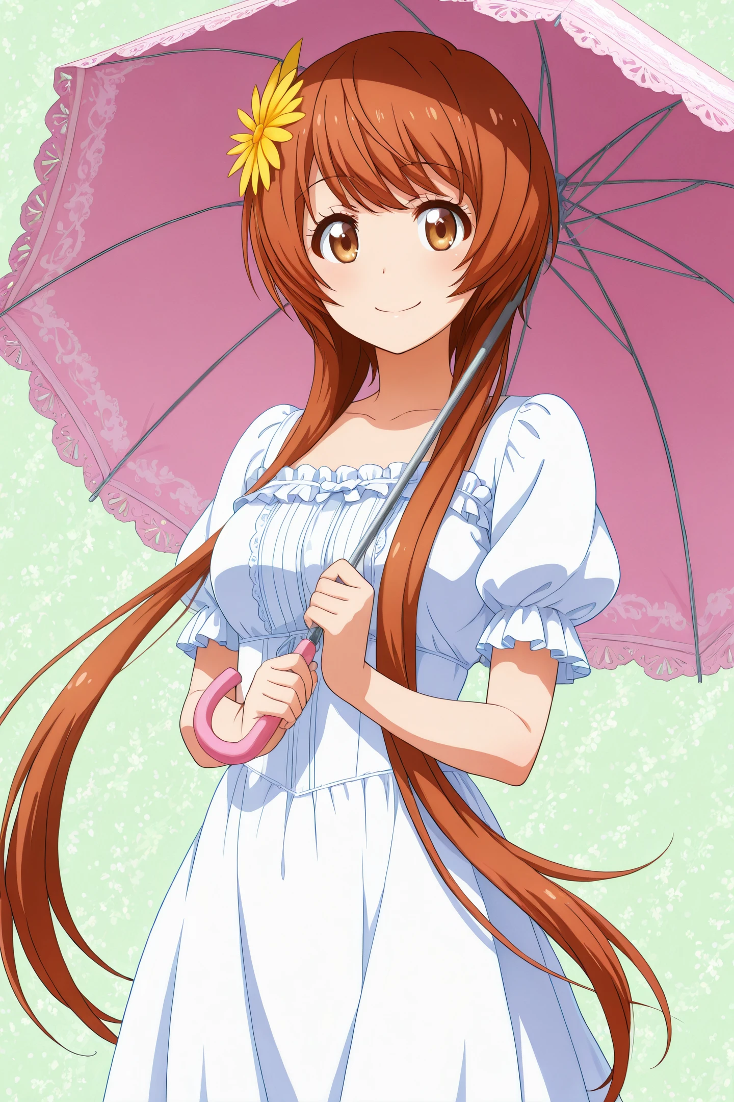 Anime Style,Tachibana Marika,1girl,umbrella,solo,dress,long hair,smile,parasol,hair ornament,brown eyes,brown hair,holding,frills,short hair with long locks,looking at viewer,short sleeves,flower,white dress,hair flower,holding umbrella,puffy sleeves,standing,
<lora:Naoshi Komi_illustriousXL:1>,