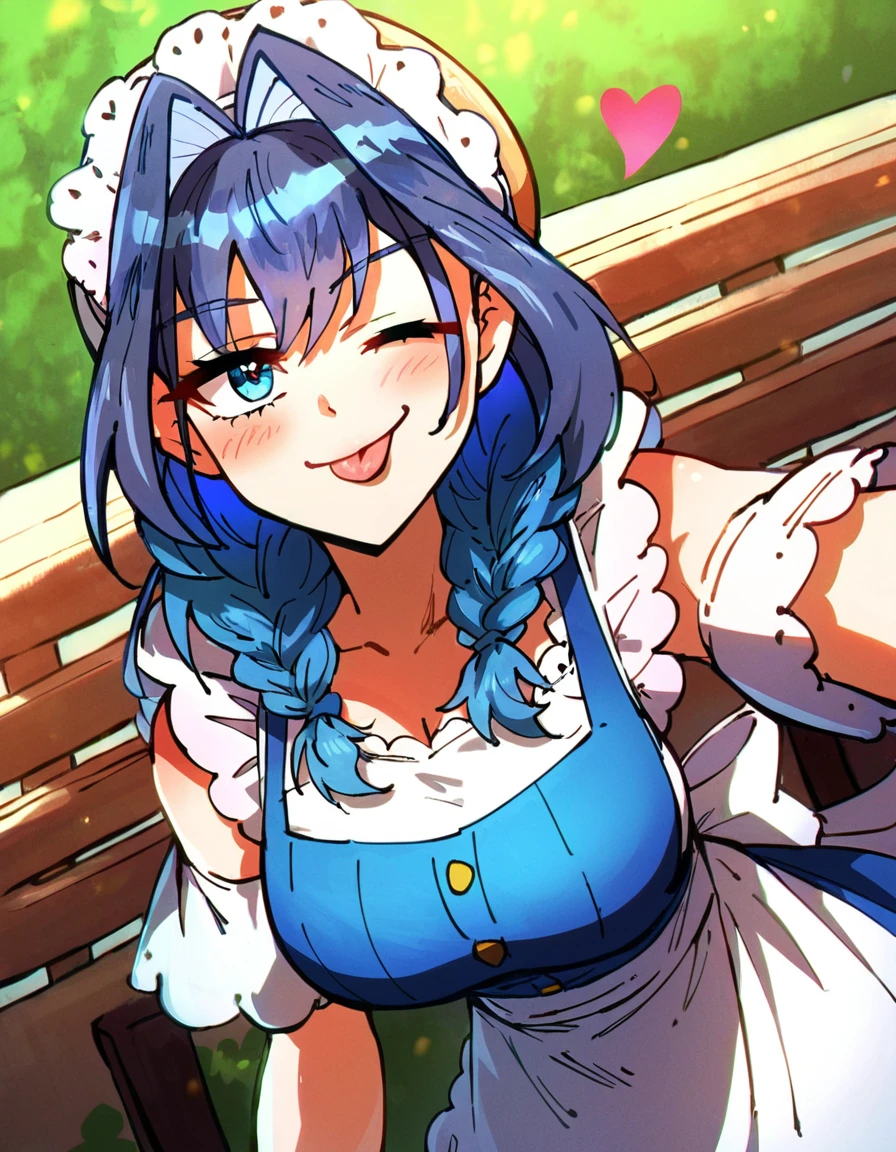 score_9, score_8_up, score_7_up, score_6_up, source_anime, anime coloring, <lora:by_ddolbang-pony-000017:0.8> by ddolbang, 1girl, one eye closed, ouro kronii, virtual youtuber, solo, braid, tongue, tongue out, blue eyes, maid, twin braids, blue hair, apron, blush, maid apron, alternate costume, breasts, large breasts, long hair, hair intakes, heart, hat, looking at viewer