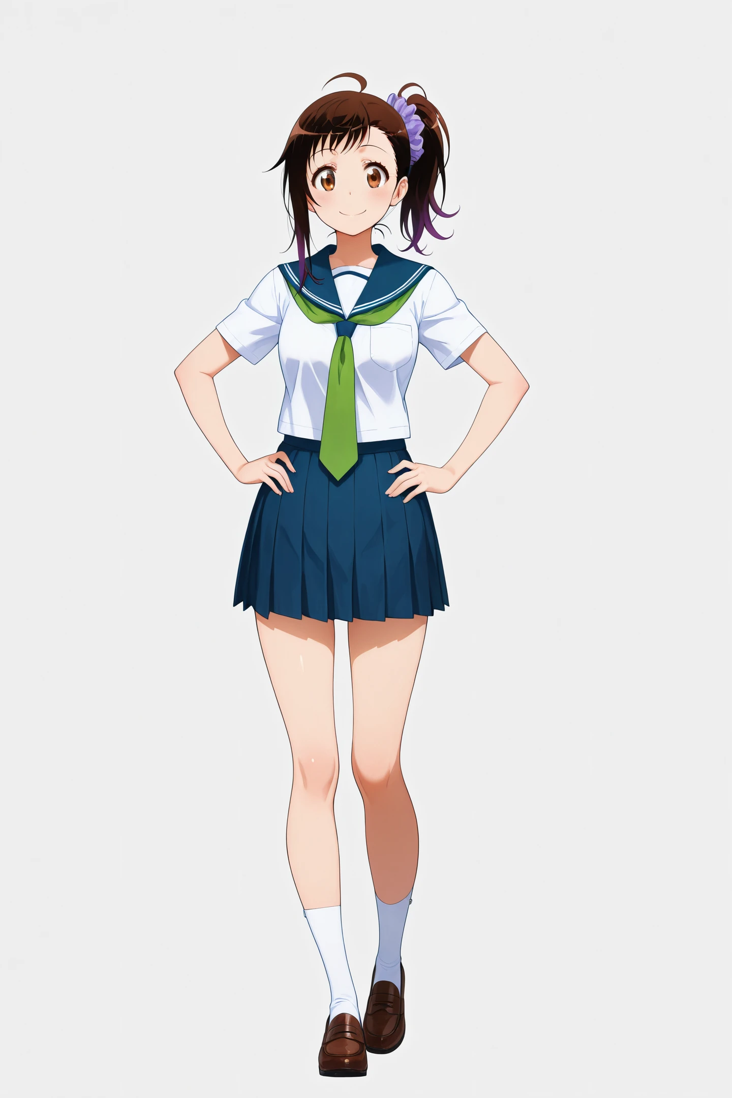 Anime Style,Onodera Haru,1girl,solo,skirt,school uniform,brown eyes,side ponytail,hands on hips,long hair,black hair,full body,socks,green necktie,white background,scrunchie,shoes,hair ornament,simple background,loafers,white socks,looking at viewer,pleated skirt,blue skirt,serafuku,purple hair scrunchie,smile,ahoge,
<lora:Naoshi Komi_illustriousXL:1>,
