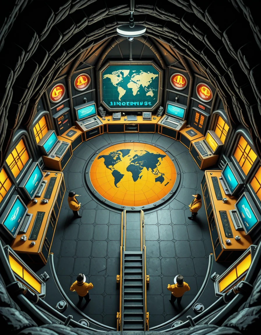 A high-angle view of a supervillain's underground lair carved into a volcanic island, inspired by the Evil Genius video game. The scene shows interconnected rooms with retro-futuristic decor: gold-trimmed control rooms filled with blinking monitors, training rooms with colorful equipment, prison cells with force fields, and luxurious private quarters featuring 1960s spy-movie aesthetics. Minions in yellow jumpsuits patrol the corridors, and a massive world domination map glows at the center of the operations hub. Lava tubes, reinforced blast doors, and hidden elevators are integrated into the design. The mood is colorful, stylized, and slightly humorous, reflecting the exaggerated comic-book villain style.Evil genius l41r, <lora:Evil_genius_l41r-i:1>, Masterpiece,best quality,hi res,8k,hi res,8k,award winning,(sharp focus, intricate, highly detailed),
