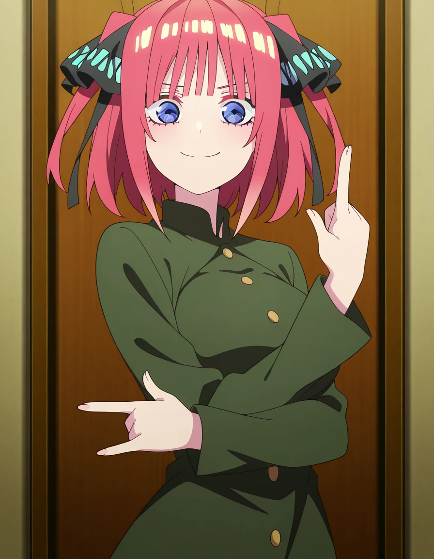 masterpiece, best quality, amazing quality,, <lora:nino-nakano-s2-illustriousxl-lora-nochekaiser:1>, nino nakano, short hair, bangs, blue eyes, hair ornament, hair ribbon, pink hair, blunt bangs, two side up, butterfly hair ornament, large breasts, anime screencap, <lora:kakyoin-noriakis-pose-illustriousxl-lora-nochekaiser:1>, kakyoin noriakis pose, kakyoin noriaki's pose (jojo), jojo pose, m/, pointing up, hands up, looking at viewer, smile, cowboy shot, , ,