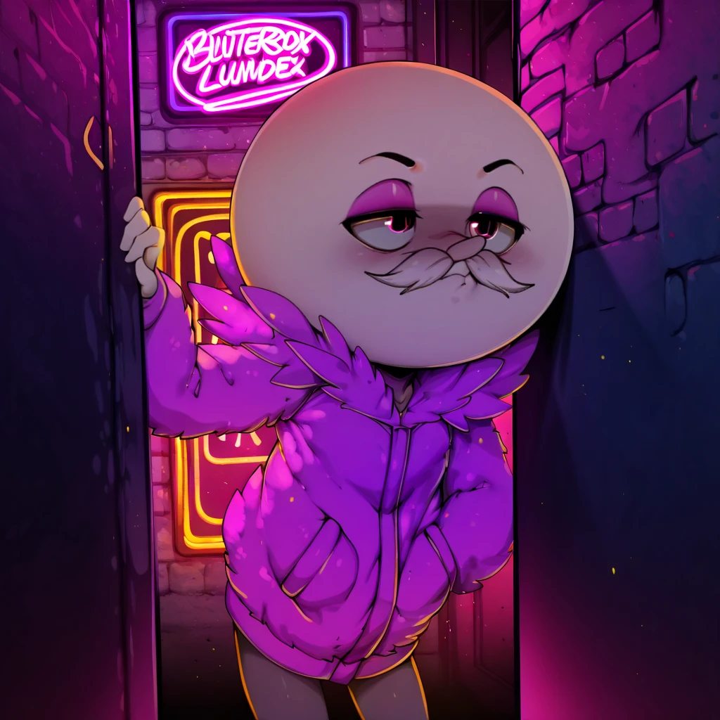 masterpiece, best quality, safe, 1male, human, pops maellard, solo, mustache, bald, masculine, pink fluffy jacket, unamused, leaning on wall, relaxing, butterscotch lollipop, club exterior, neon lights, (dynamic lighting, shading, art by slugbox:1.2), art by photonoko
<segment:yolo-Face.pt,0.2,0.5//cid=11> smug, smug grin, detailed eyes
<segment:yolo-Hand.pt,0.2,0.5//cid=12> detailed hands, detailed feet, anatomically correct