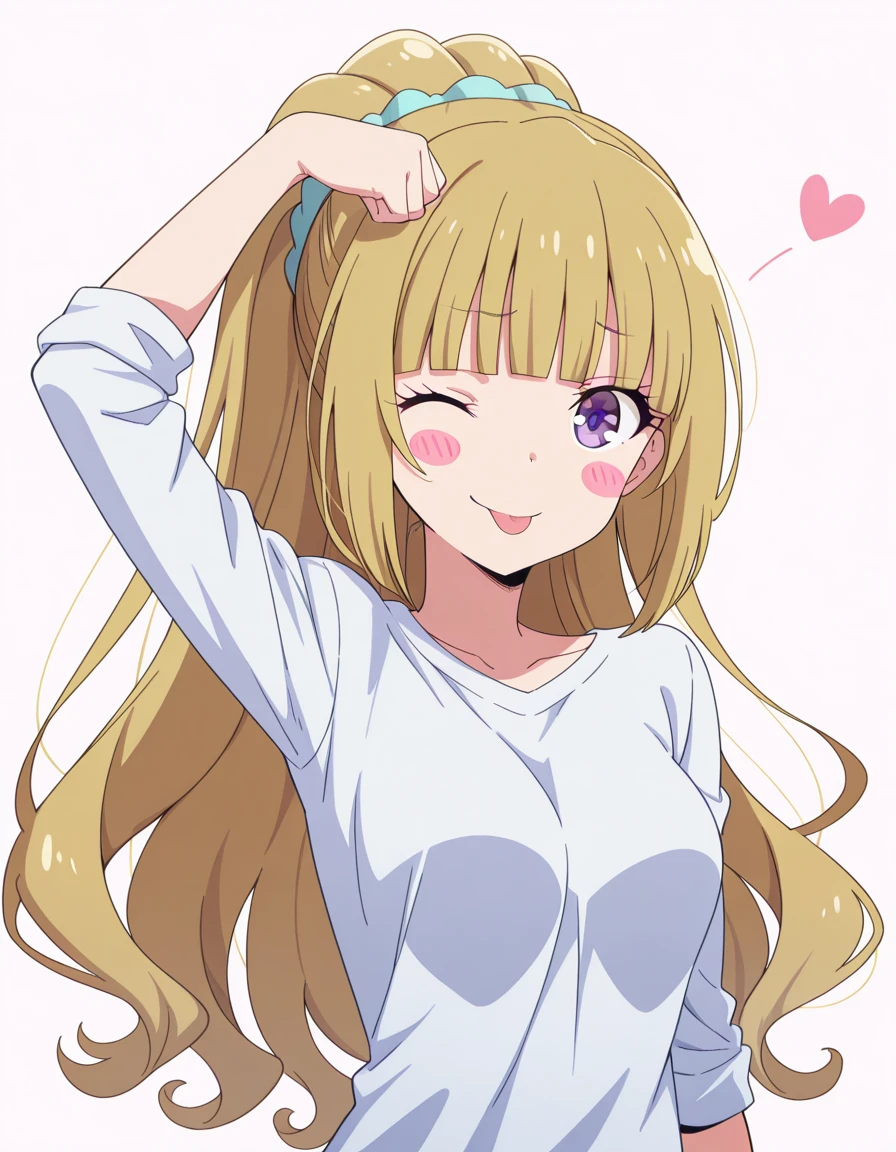 masterpiece, best quality, amazing quality,, <lora:kei-karuizawa-s2-v1-illustriousxl-lora-nochekaiser:1>, kei karuizawa, long hair, bangs, blunt bangs, purple eyes, blonde hair, shirt, hair ornament, ponytail, scrunchie, blue scrunchie, medium breasts,, <lora:dojikko-pose-illustriousxl-lora-nochekaiser:1>, dojikko pose, blush, heart, blush stickers, smile, tongue out, arm up, looking at viewer, one eye closed, , ,
