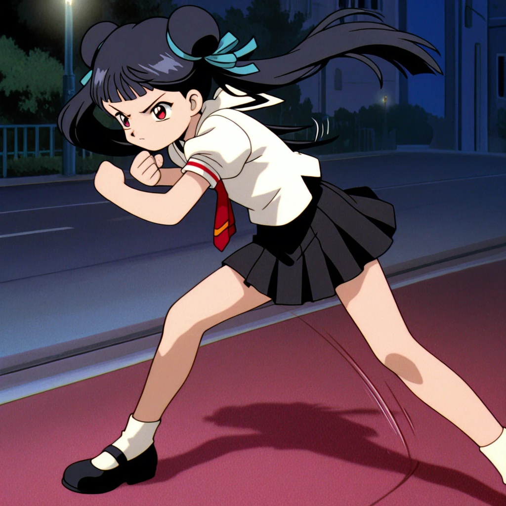 absurdres,highres,masterpiece,best quality,amazing quality,official anime artwork,outdoors,
anime screencap,CCS98 \(style\),
aged down,
1girl,solo,
(Volumetric Lighting,Cinematic Lighting),street,lamppost,
floating hair,fighting stance,
upper body,dynamic pose,motion lines,motion blur,
BREAK <lora:limeiling_CCS98_illuV01_b3g2plw1c1wd05_d32a16_lr1200y986_rvs:1>,
limeiling_CCS98,black hair,long hair,twintails,double bun,hair ribbon,blue ribbon,blunt bangs,red eyes,tomoeda elementary school uniform,white shirt,sailor collar,red necktie,puffy short sleeves,black pleated skirt,white ankle socks,black mary janes,