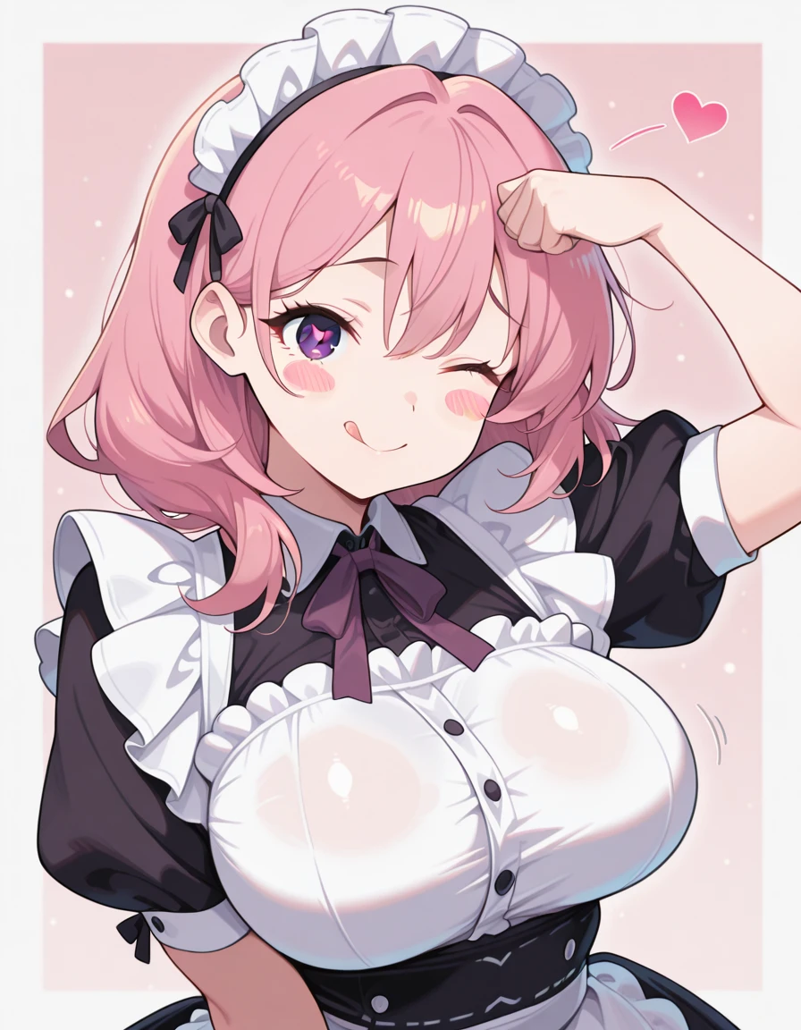 masterpiece, best quality, amazing quality,, <lora:CivChan:1>, CivChan, purple eyes, pink hair, mature female, breasts, maid headdress, , <lora:dojikko-pose-illustriousxl-lora-nochekaiser:1>, dojikko pose, blush, heart, blush stickers, smile, tongue out, arm up, looking at viewer, one eye closed, , ,