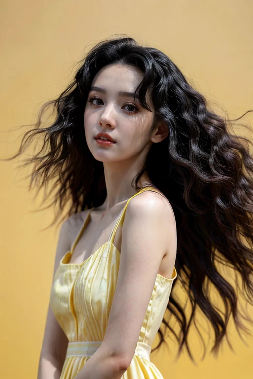 (photo of a beautiful girl:0.666) , <lora:ChineseBeauty:.9>, photoshoot, wavy black hair, light yellow background, white long dress, portrait, volumetric lighting,