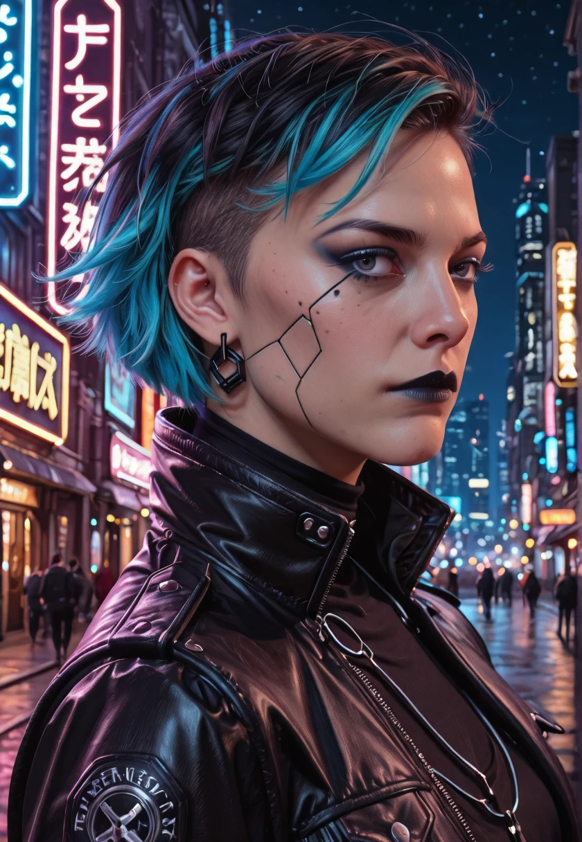 (masterpiece, best quality, highly detailed, realistic), source_photograph, profile portrait of mcasati as a cyberpunk girl, multicolored hair, night city background, neon lights, military cyberware
, looking at the viewer, leather military jacket, close up, (((night city background)))
<lora:Luisa_Casati_IL:1> mcasati, short hair, undercut hair, eyeliner, dark lipstick, cybernetic enhancements
<lora:cyberpunk_illustriousXL:.6> cyberpunk