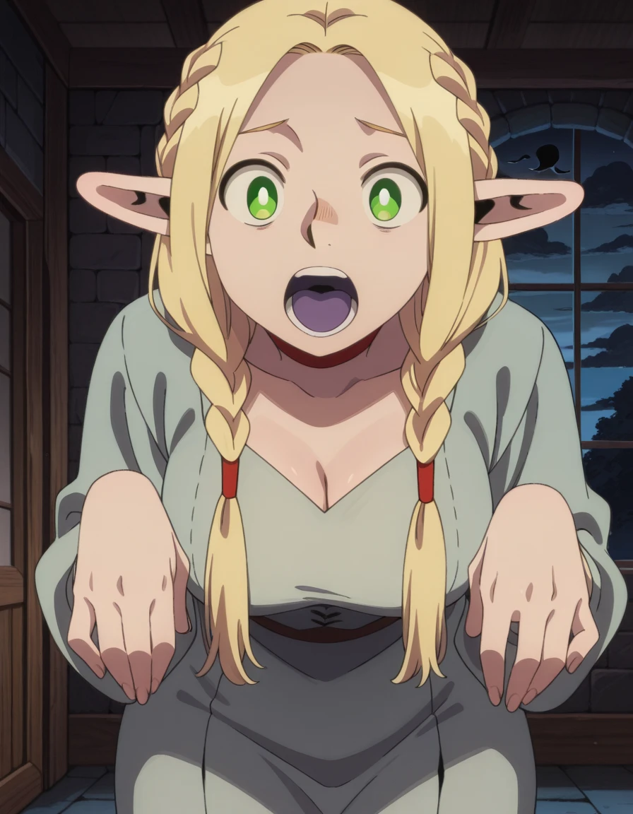 masterpiece, best quality, amazing quality,, <lora:marcille-donato-s1-illustriousxl-lora-nochekaiser:1>, marcille donato, long hair, blonde hair, green eyes, braid, pointy ears, twin braids, elf, bright pupils, parted bangs, mature female, medium breasts, anime screencap,, <lora:ghost-pose-illustriousxl-lora-nochekaiser:1>, ghost pose, ghost, purple tongue, open mouth, tongue, hands up, indoors, night, night sky, dark, horror (theme), cloud, dark cloud, dim lighting, dark room, backlighting, cowboy shot, , ,