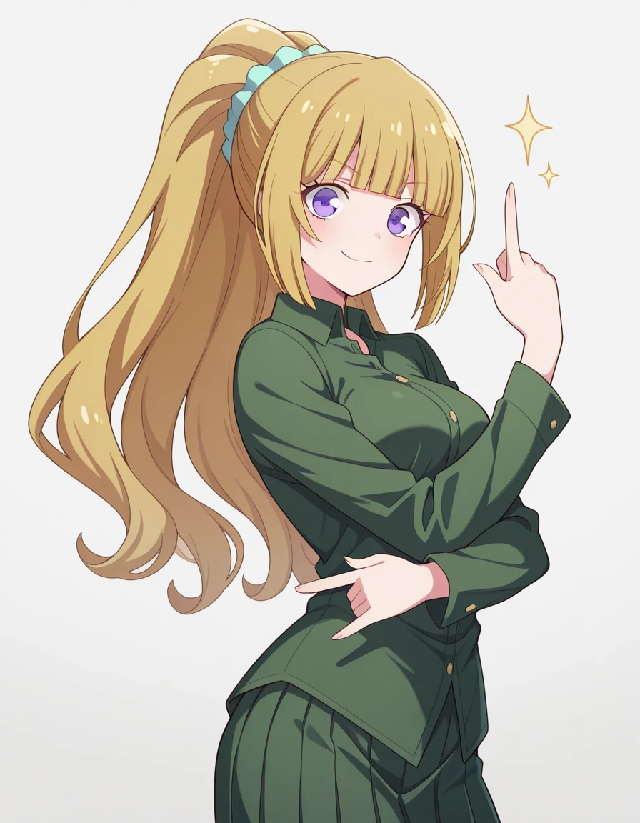 masterpiece, best quality, amazing quality,, <lora:kei-karuizawa-s2-v1-illustriousxl-lora-nochekaiser:1>, kei karuizawa, long hair, bangs, blunt bangs, purple eyes, blonde hair, shirt, hair ornament, ponytail, scrunchie, blue scrunchie, medium breasts,, <lora:kakyoin-noriakis-pose-illustriousxl-lora-nochekaiser:1>, kakyoin noriakis pose, kakyoin noriaki's pose (jojo), jojo pose, m/, pointing up, hands up, looking at viewer, smile, cowboy shot, , ,