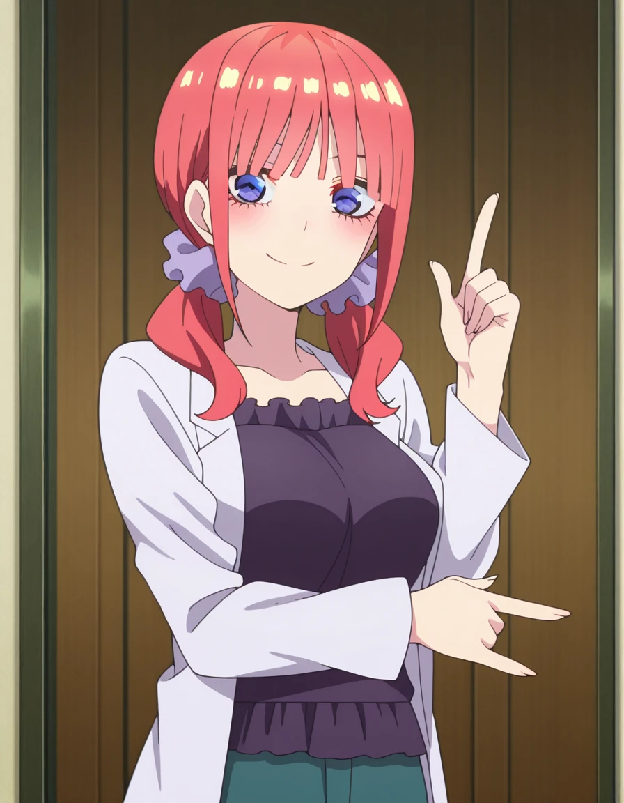 masterpiece, best quality, amazing quality,, <lora:nino-nakano-honeymoon-illustriousxl-lora-nochekaiser:1>, nino nakano, bangs, blue eyes, hair ornament, twintails, pink hair, blunt bangs, medium hair, scrunchie, eyebrows hidden by hair, purple scrunchie, mature female, breasts, anime screencap, <lora:kakyoin-noriakis-pose-illustriousxl-lora-nochekaiser:1>, kakyoin noriakis pose, kakyoin noriaki's pose (jojo), jojo pose, m/, pointing up, hands up, looking at viewer, smile, cowboy shot, , ,