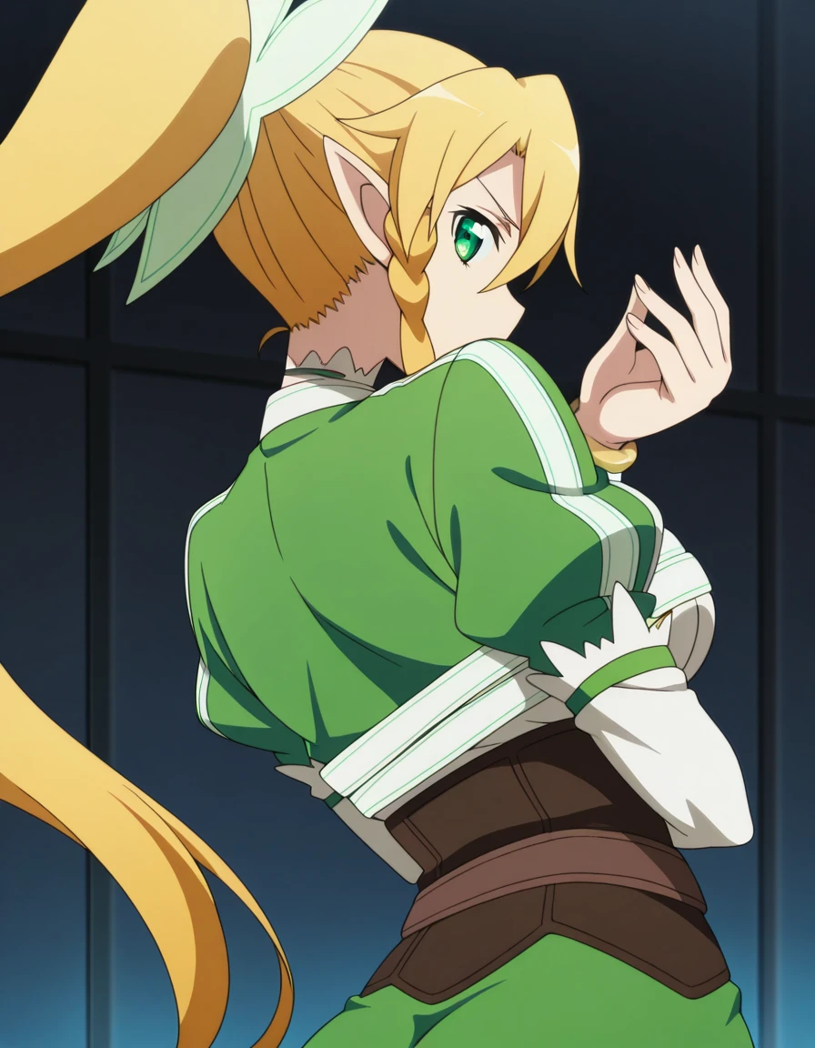 masterpiece, best quality, amazing quality,, <lora:suguha-kirigaya-s1-illustriousxl-lora-nochekaiser:1>, suguha kirigaya, leafa (sao), long hair, blonde hair, hair between eyes, green eyes, ponytail, braid, pointy ears, twin braids, mature female, breasts, anime screencap, <lora:dio-brandos-pose-illustriousxl-lora-nochekaiser:1>, dio brandos pose, dio brando's pose (jojo), back, ass, from behind, jojo pose, standing, upper body, , ,