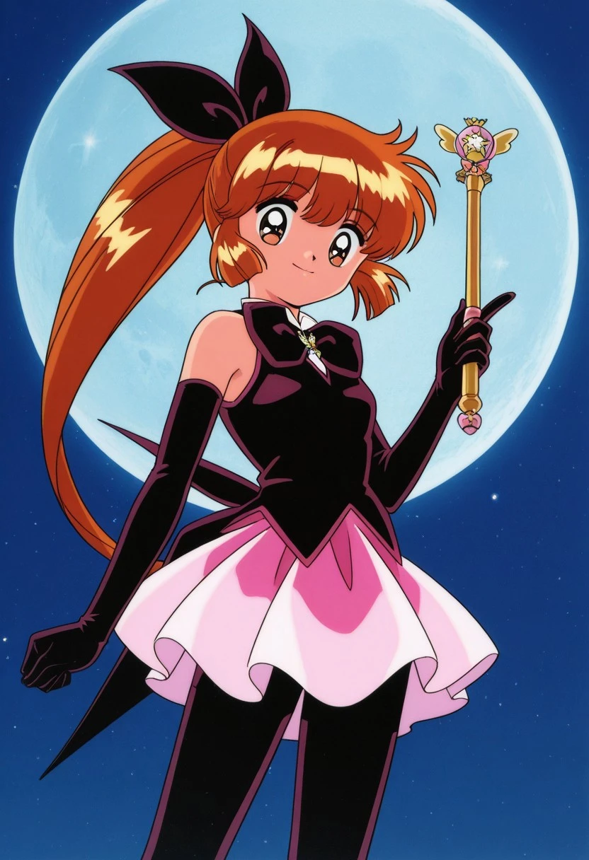 masterpiece, best quality, source_anime,official art,perfect_anatomy,1990s_\(style\),retro_artstyle,saint tail,1girl,long hair,orange hair,ponytail,elbow gloves,skirt,pantyhose，(looking_at_viewer,smile),hat,magical girl,magical stick,magical wand,cowboy shot,close to viewer,night,full-moon
