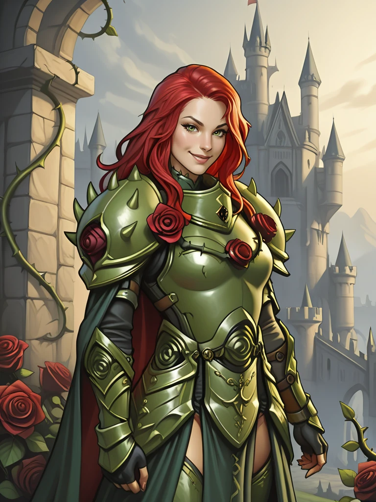 <lora:Tepet_Ejava_-_The_Roseblack__Exalted:0.7>
tepetejava,,long hair, red hair, green eyes,,armor, shoulder armor,,roses, thorns
standing in a castle, cowboy shot, looking at viewer, smiling