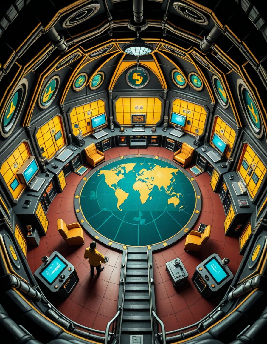 A high-angle view of a supervillain's underground lair carved into a volcanic island, inspired by the Evil Genius video game. The scene shows interconnected rooms with retro-futuristic decor: gold-trimmed control rooms filled with blinking monitors, training rooms with colorful equipment, prison cells with force fields, and luxurious private quarters featuring 1960s spy-movie aesthetics. Minions in yellow jumpsuits patrol the corridors, and a massive world domination map glows at the center of the operations hub. Lava tubes, reinforced blast doors, and hidden elevators are integrated into the design. The mood is colorful, stylized, and slightly humorous, reflecting the exaggerated comic-book villain style.Evil genius l41r, <lora:Evil_genius_l41r-i:1>, Masterpiece,best quality,hi res,8k,hi res,8k,award winning,(sharp focus, intricate, highly detailed),