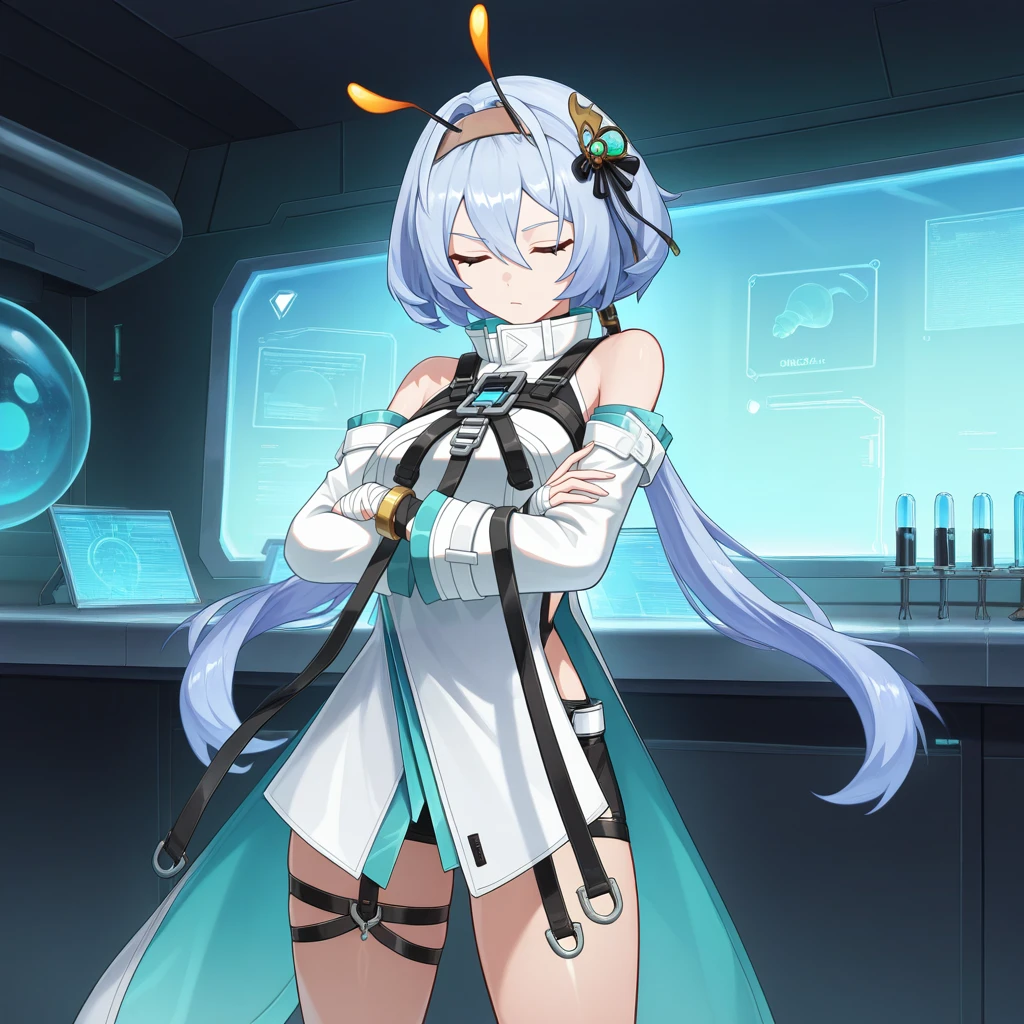 masterpiece, best quality, ultra-detailed, very aesthetic, detailed background, year 2023, very aesthetic, newest, scenery, highres, 4k, absurdres, 8k, colorful,vibrant, glowing, perfect face, 2d, perfect eyes, detailed eyes, 1girl, solo, futuristic background, facility, laboratory, metallic walls, indoors, standing, crossed arms, pensive, closed eyes, cowboy shot, confused, raised eyebrow,
light blue hair, long hair, low twintails, YugiriStrv, Ygr_Def, sleeveless dress, white dress, high collar, white belt, chest harness, black stole, bare sholders, black shorts, short shorts, shorts under dress, side cutout, snail shell, shell hair ornament, black ribbon, hair ribbon, fake antennae, aqua trim, detached sleeves, wide sleeves, white sleeves, bare shoulders, brown hairband, asymmetrical sleeves, bracelet, brown thigh strap, shoulder strap, bandages, bandaged hand, anklet, bandaged ankle,
masterpiece, best quality, ultra-detailed, very aesthetic, newest, scenery, absurdres, perfect anatomy, perfect legs, perfect face, perfect eyes, clear eyes, beautiful eyes, perfect feet,