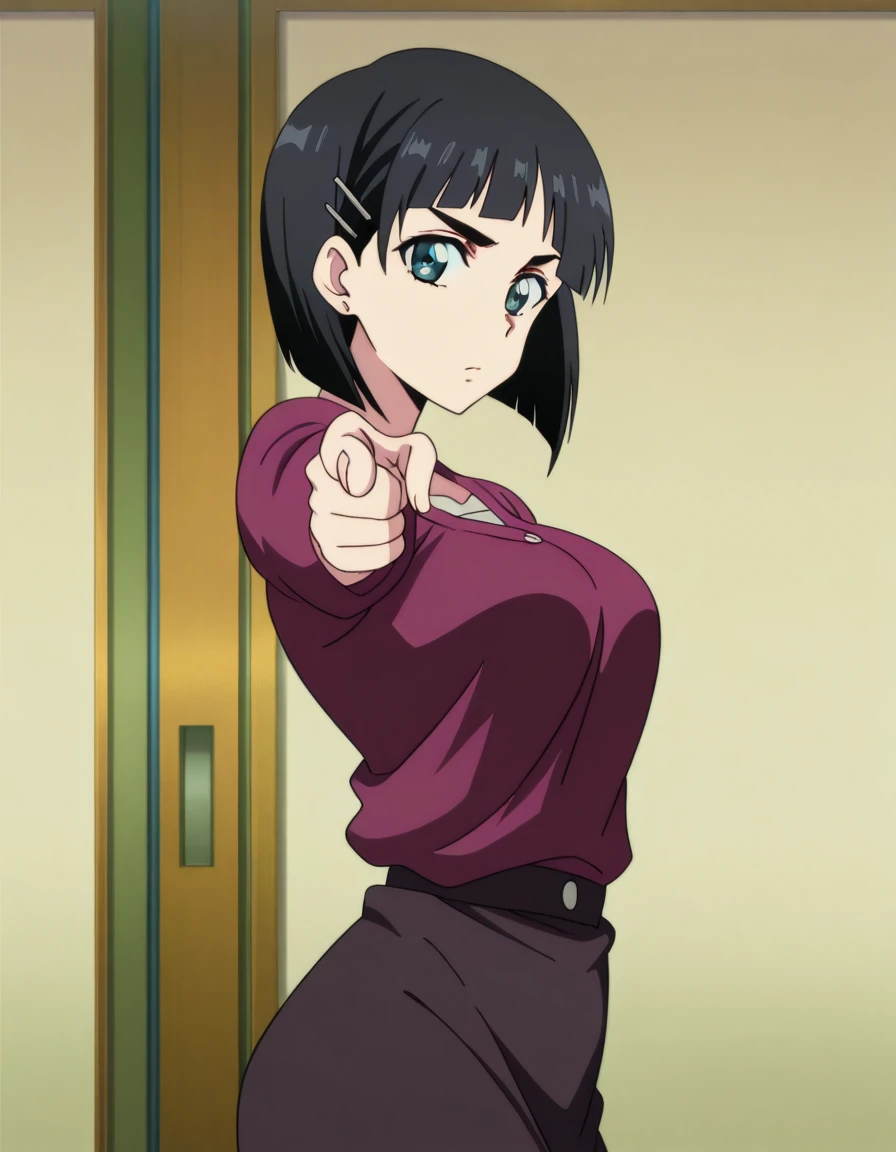 masterpiece, best quality, amazing quality,, <lora:suguha-kirigaya-s1-illustriousxl-lora-nochekaiser:1>, suguha kirigaya, short hair, black hair, hair ornament, hairclip, green eyes, mature female, breasts, anime screencap, <lora:jotaro-kujo-pose-illustriousxl-lora-nochekaiser:1>, jotaro kujo pose, kujo jotaro's pose (jojo), jojo pose, pointing, pointing at viewer, cowboy shot, , ,