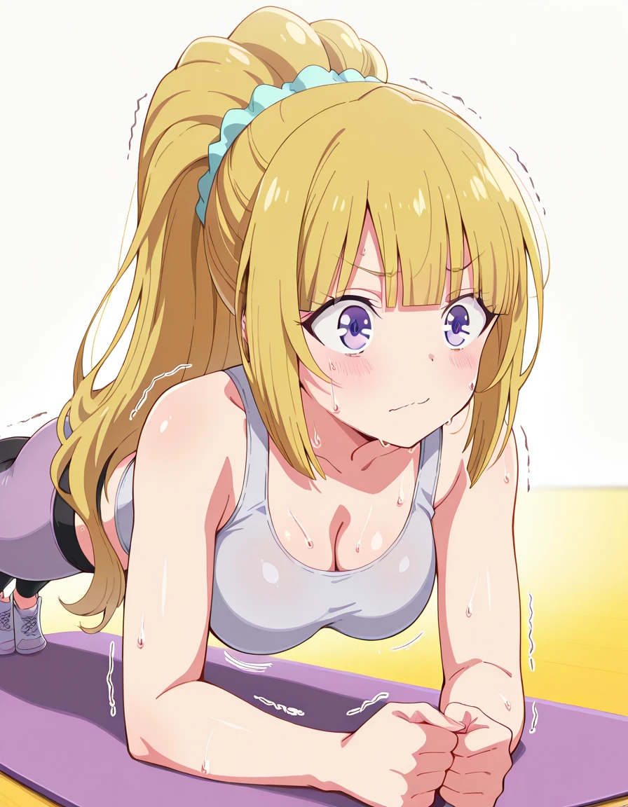 masterpiece, best quality, amazing quality,, <lora:kei-karuizawa-s2-v1-illustriousxl-lora-nochekaiser:1>, kei karuizawa, long hair, bangs, blunt bangs, purple eyes, blonde hair, shirt, hair ornament, ponytail, scrunchie, blue scrunchie, medium breasts,, <lora:planking-illustriousxl-lora-nochekaiser:1>, planking, exercising, yoga mat, yoga, yoga pants, trembling, struggling, sweat, sports bra,, , ,