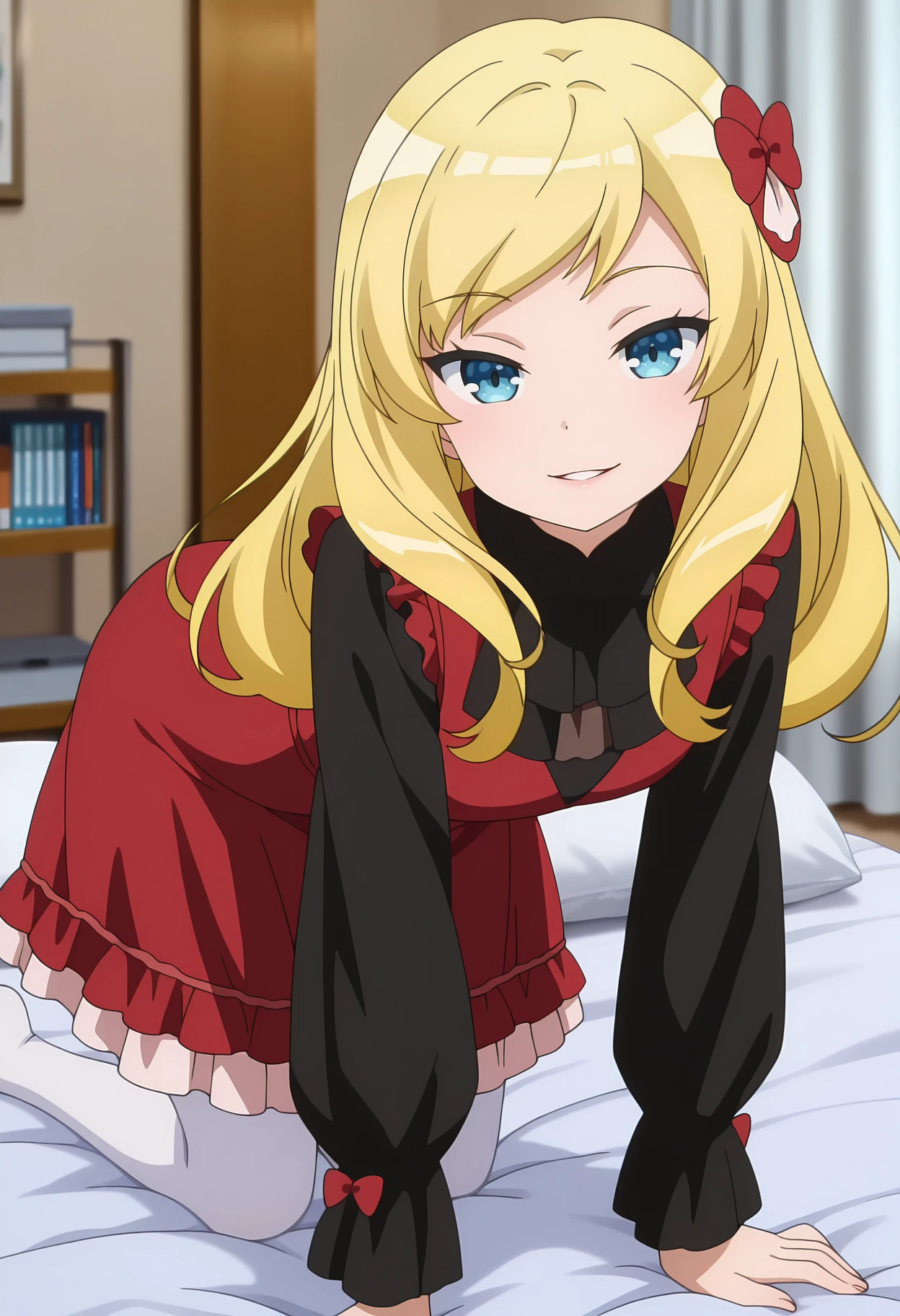 anime screencap, masterpiece, best quality,
<lora:ImoutoSaeIrebaIi_AshleyOono_IlluXL:0.9>,
1girl, solo, seductive smile, parted lips,
swept bangs, long hair, blonde hair, blue eyes, hair ornament, hair bow, red bow,
pinafore dress, frilled dress, red dress, black shirt, puffy long sleeves, white pantyhose,
all fours, on bed, looking at viewer,
bed, pillow, curtains, bookshelf, photo background, blurry background
