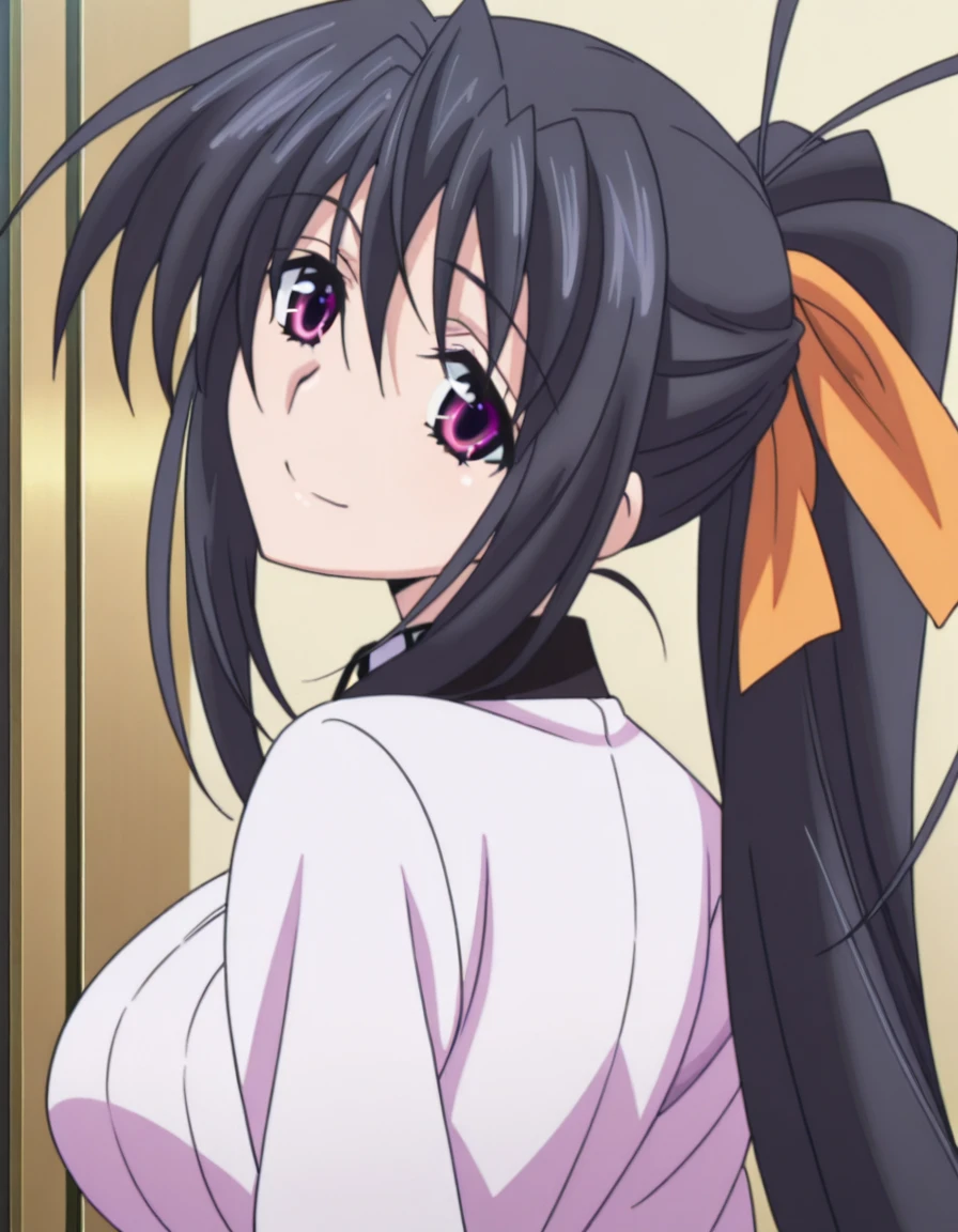 masterpiece, best quality, amazing quality,, <lora:akeno-himejima-s1-illustriousxl-lora-nochekaiser:1>, akeno himejima, himejima akeno, long hair, black hair, ribbon, very long hair, purple eyes, hair ribbon, ponytail, antenna hair, mature female, breasts, anime screencap,, <lora:shaft-look-illustriousxl-lora-nochekaiser:1>, shaft look, looking back, from behind, head tilt, upper body, smile,, , ,